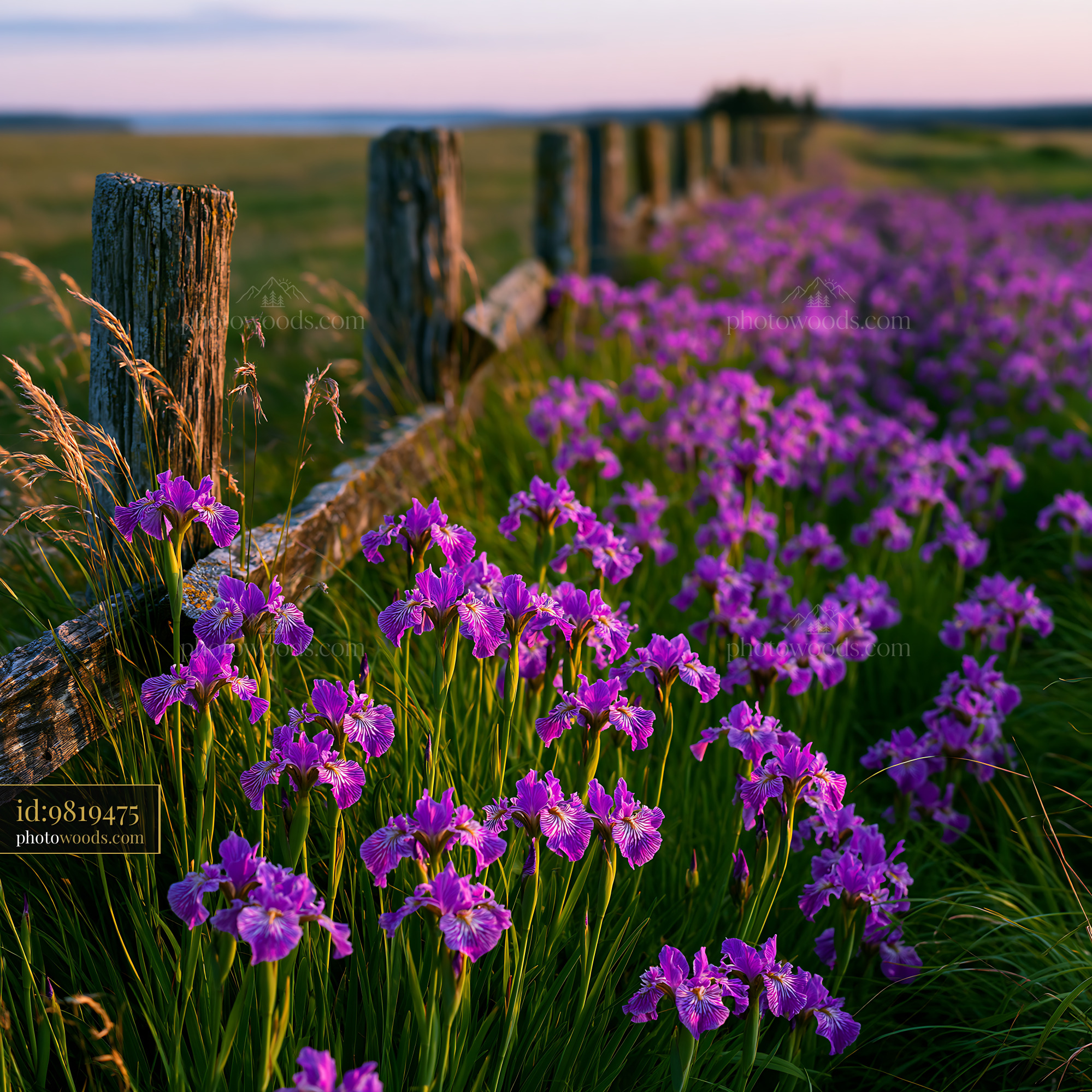 Checkered Iris Flowers in a Meadow at Sunset