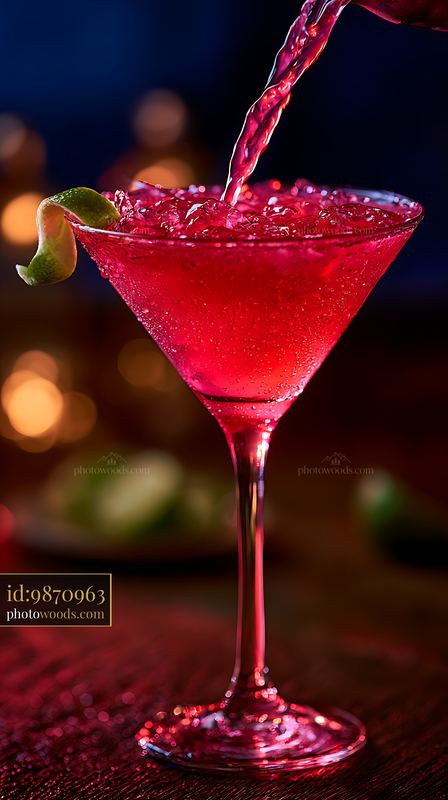Red cocktail in martini glass with lime garnish and pouring stream