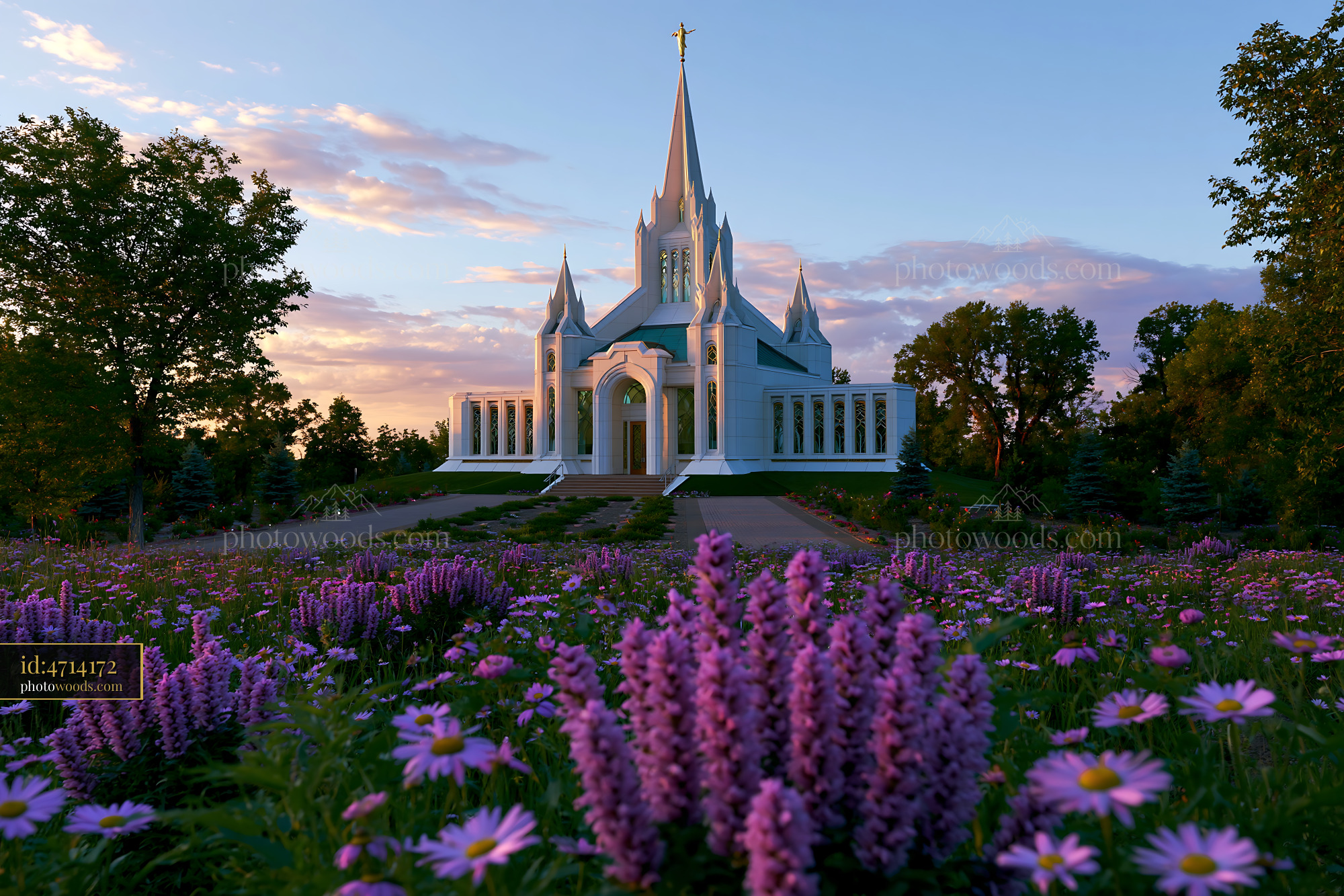 Church With Flowers at Sunset in Albuq, New Mexico