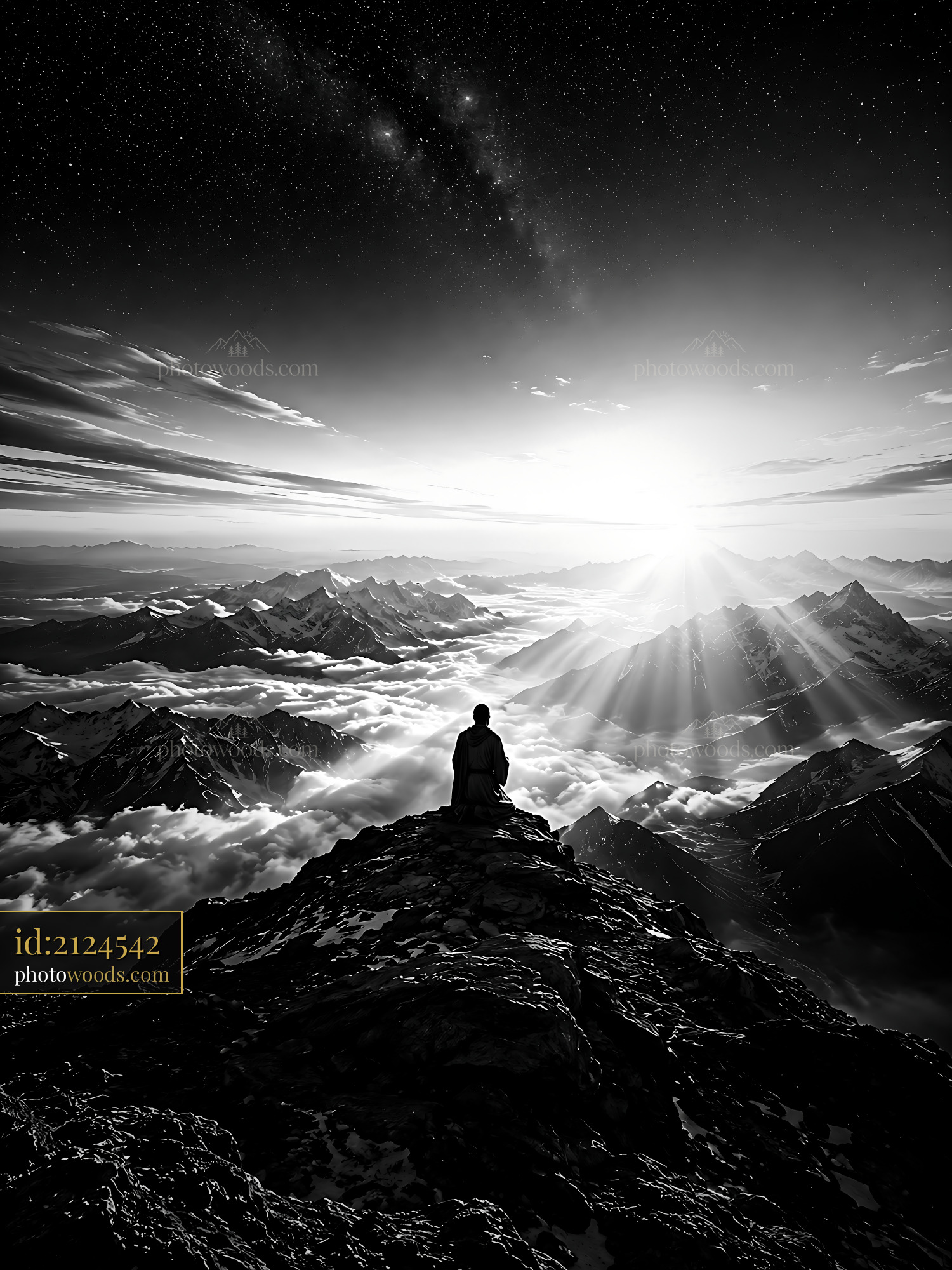 Person Sitting on Mountain Peak With Sunrise Over Clouds