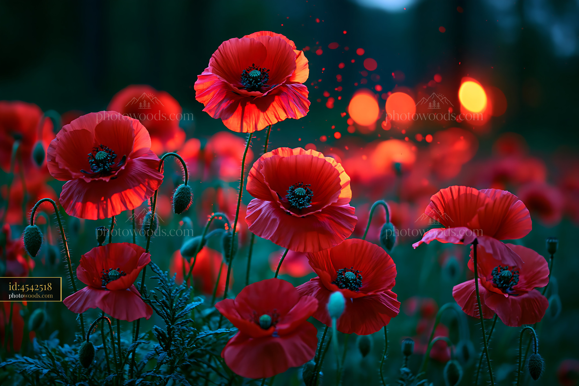 Poppies Growing in a Field Under Evening Light