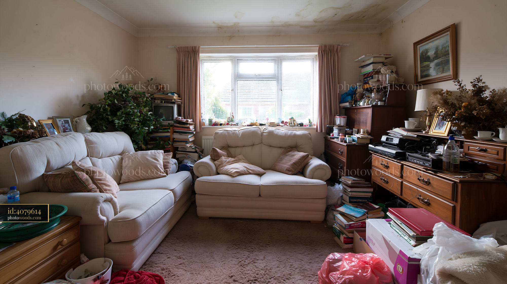 Hoarder Style Living Room With Clutter and Disorganization