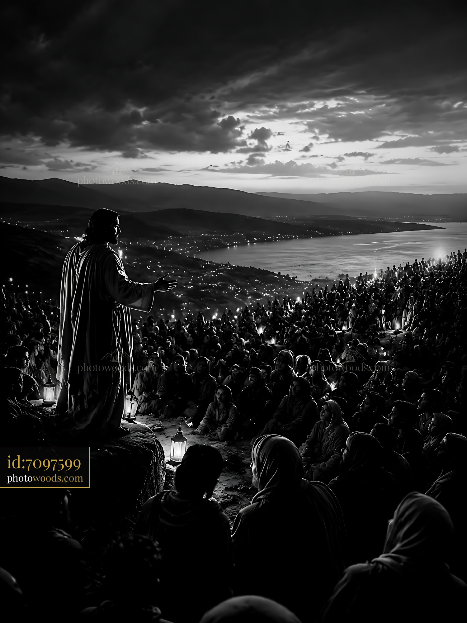 Person Speaking to Crowd at Sunset With Lanterns in Dark Setting