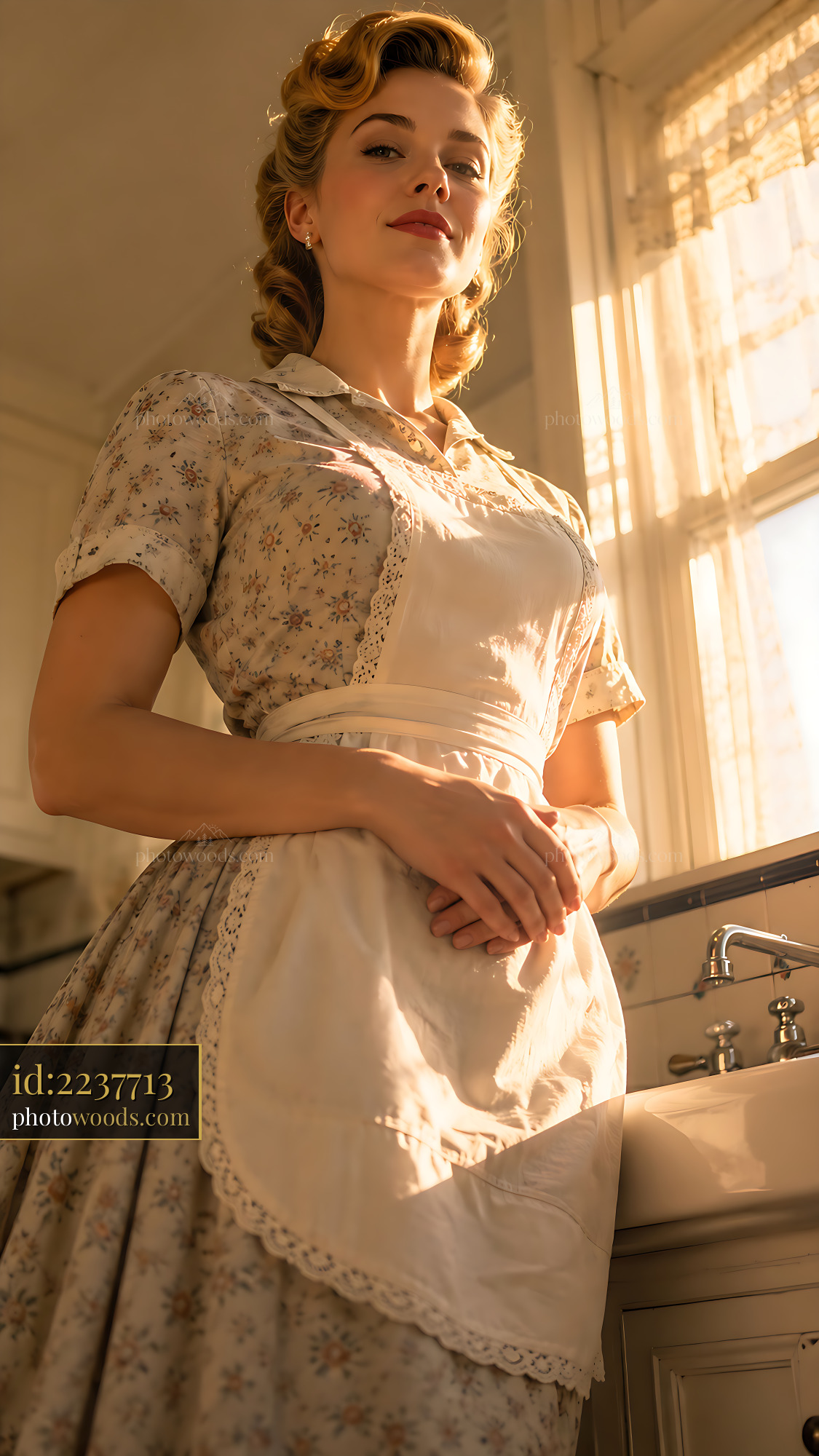 Woman in Apron Stands Proudly in Vintage Kitchen Setting