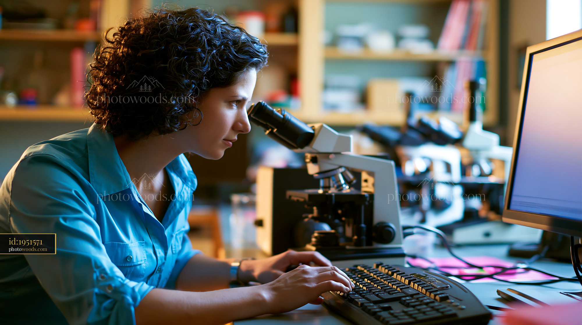 Scientist Using Microscope and Computer in Laboratory Setting
