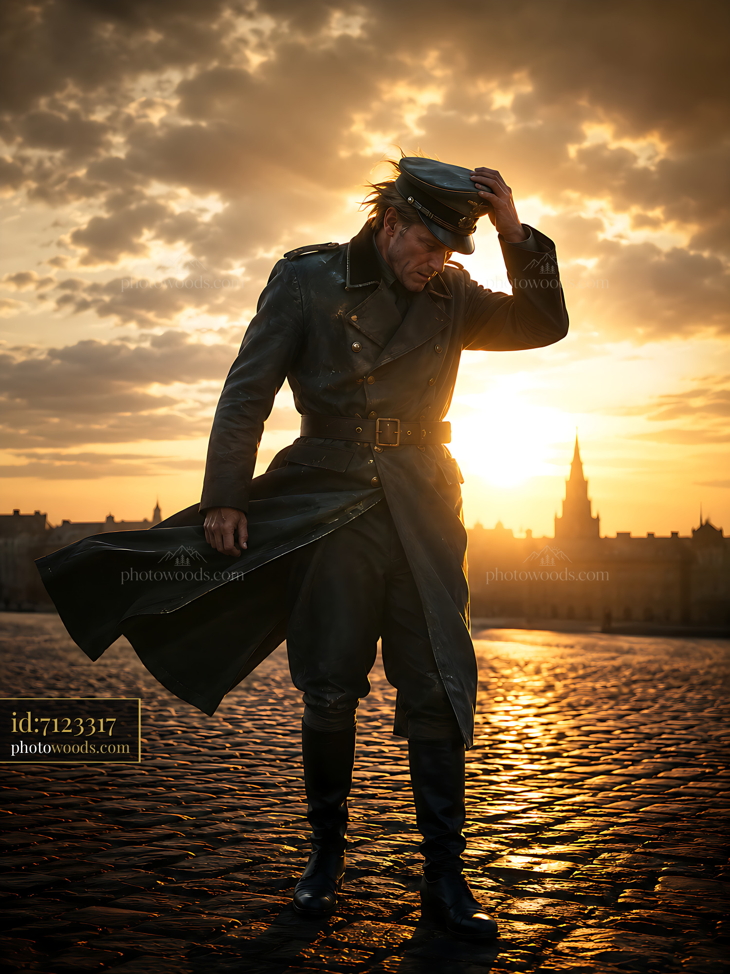Weathered German Officer in Sunset With City Background