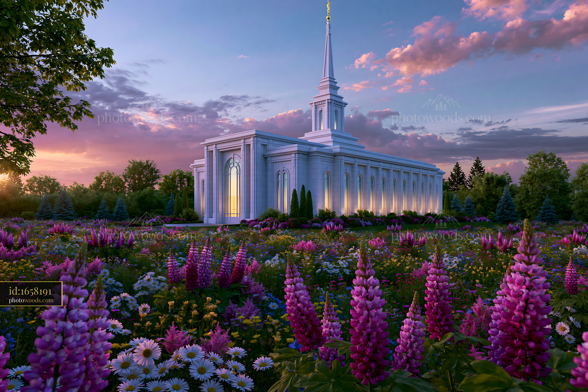 Boise Temple With Vibrant Flower Garden at Sunset