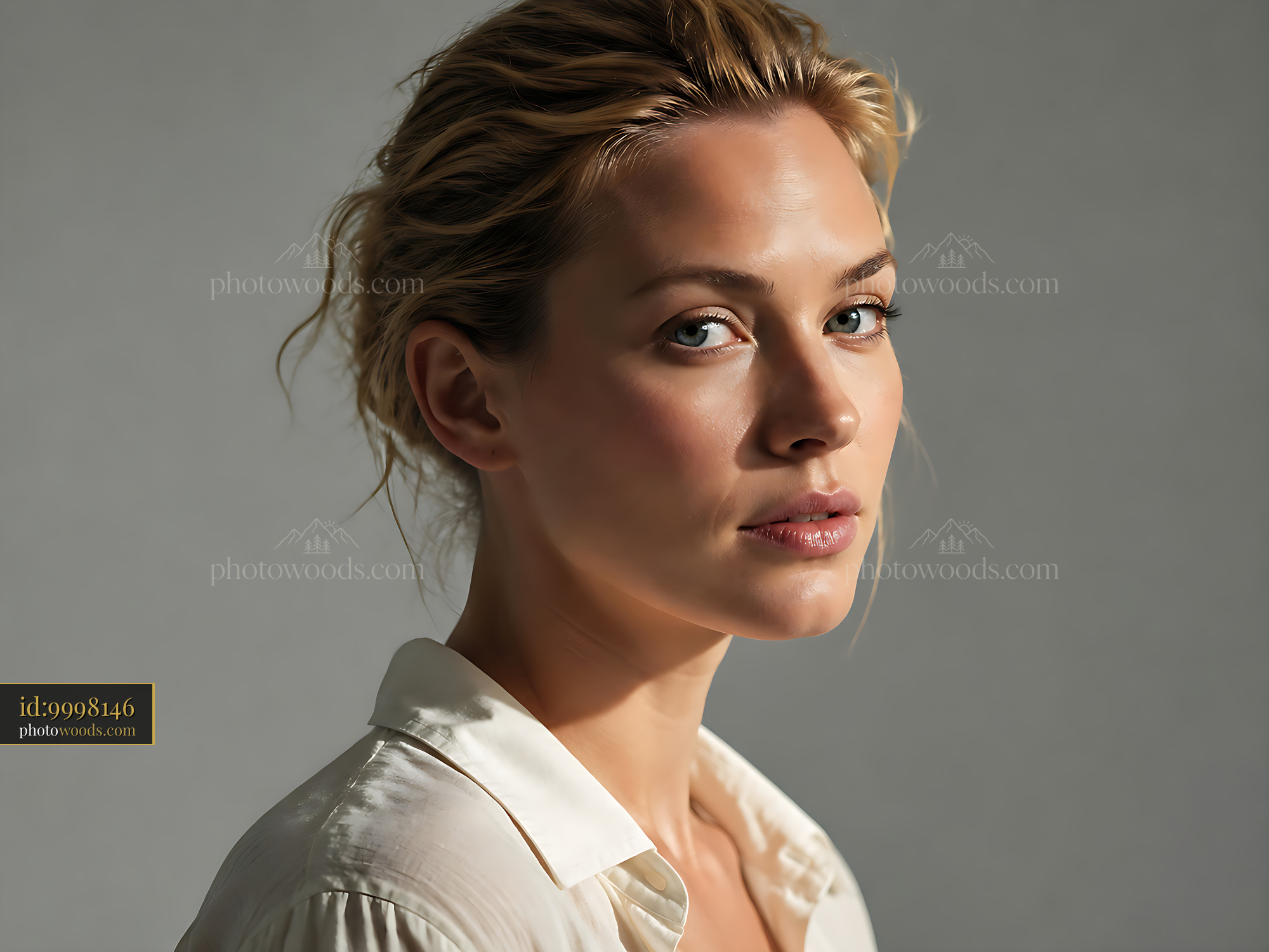 Woman With Light Hair Poses in Studio Against Plain Background