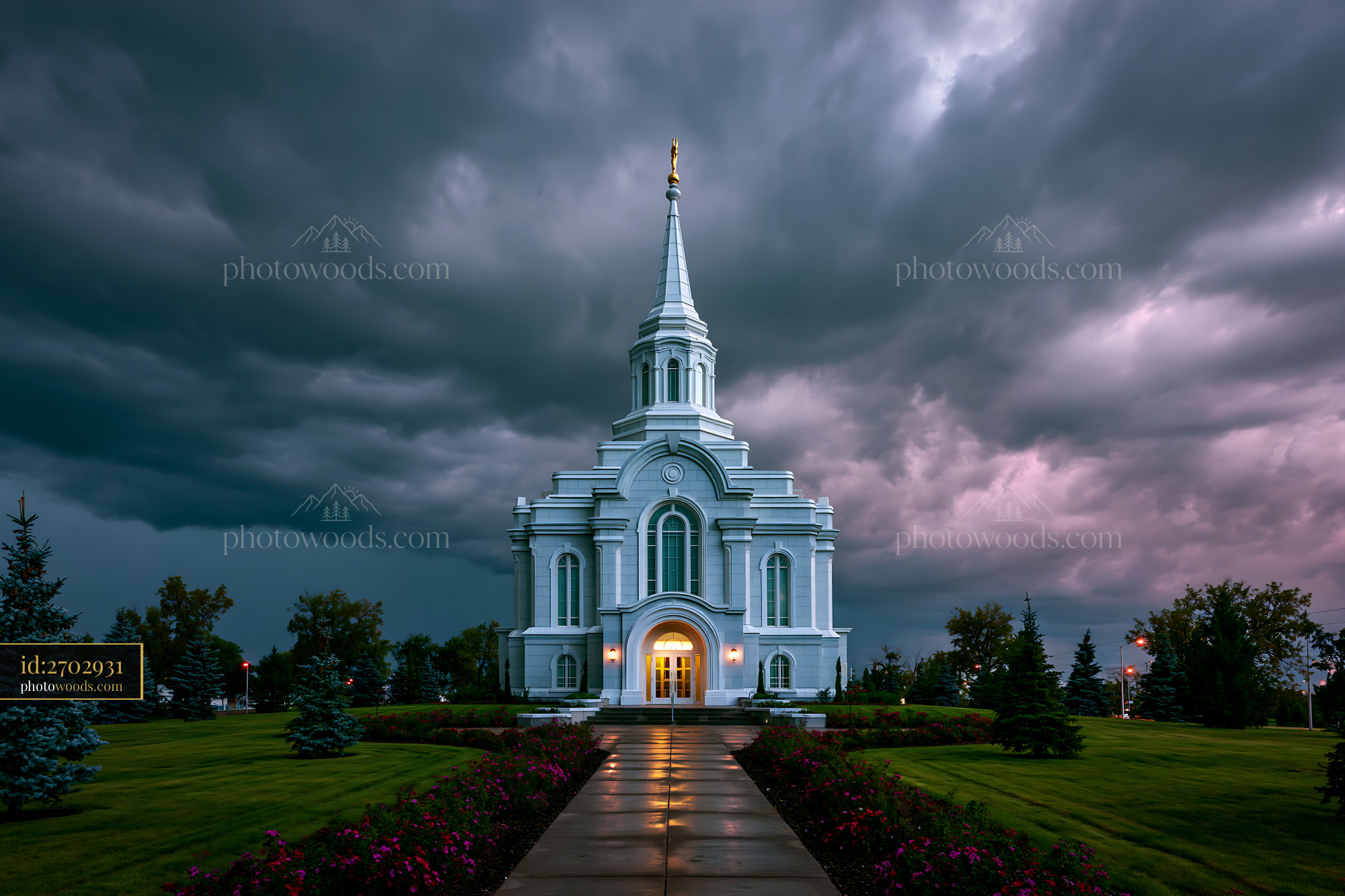 Bisma Church Against Dark Storm Clouds in Evening Twilight