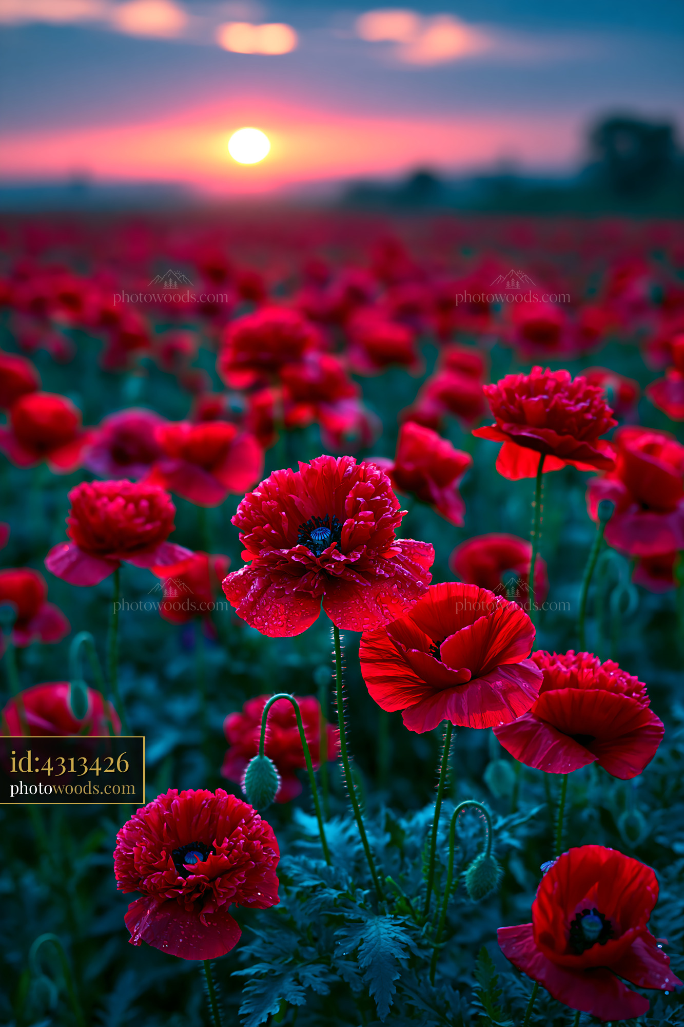 Poppies Bloom in a Field at Sunset With Vibrant Red Colors