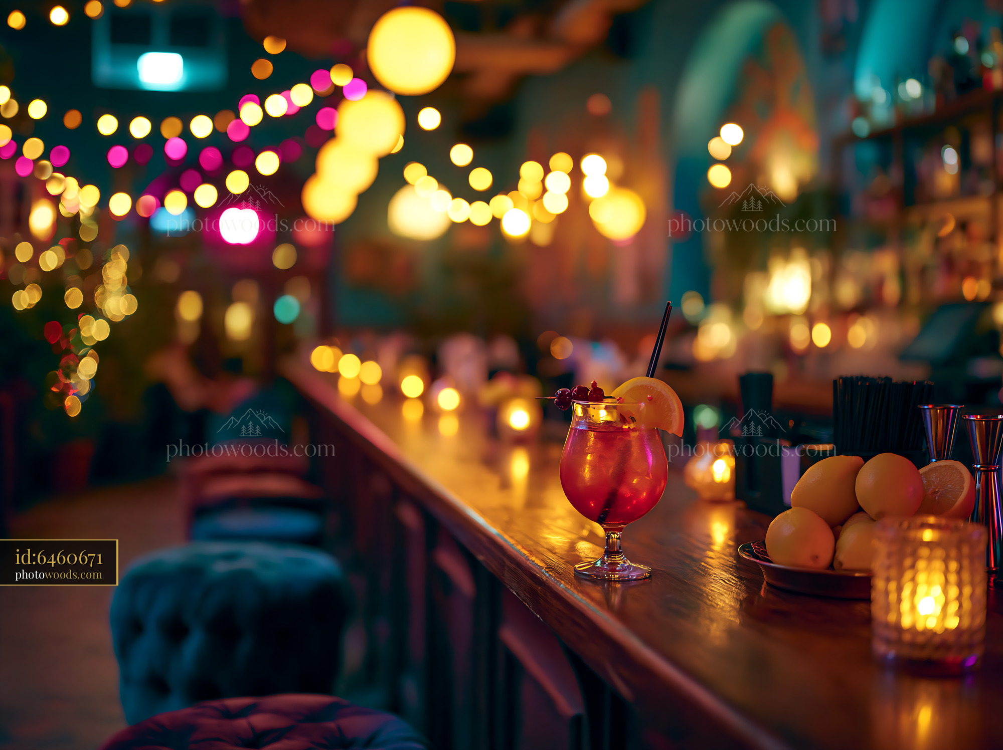 Cocktail Sits on Bar Counter With Dim Lights and Colorful Decor