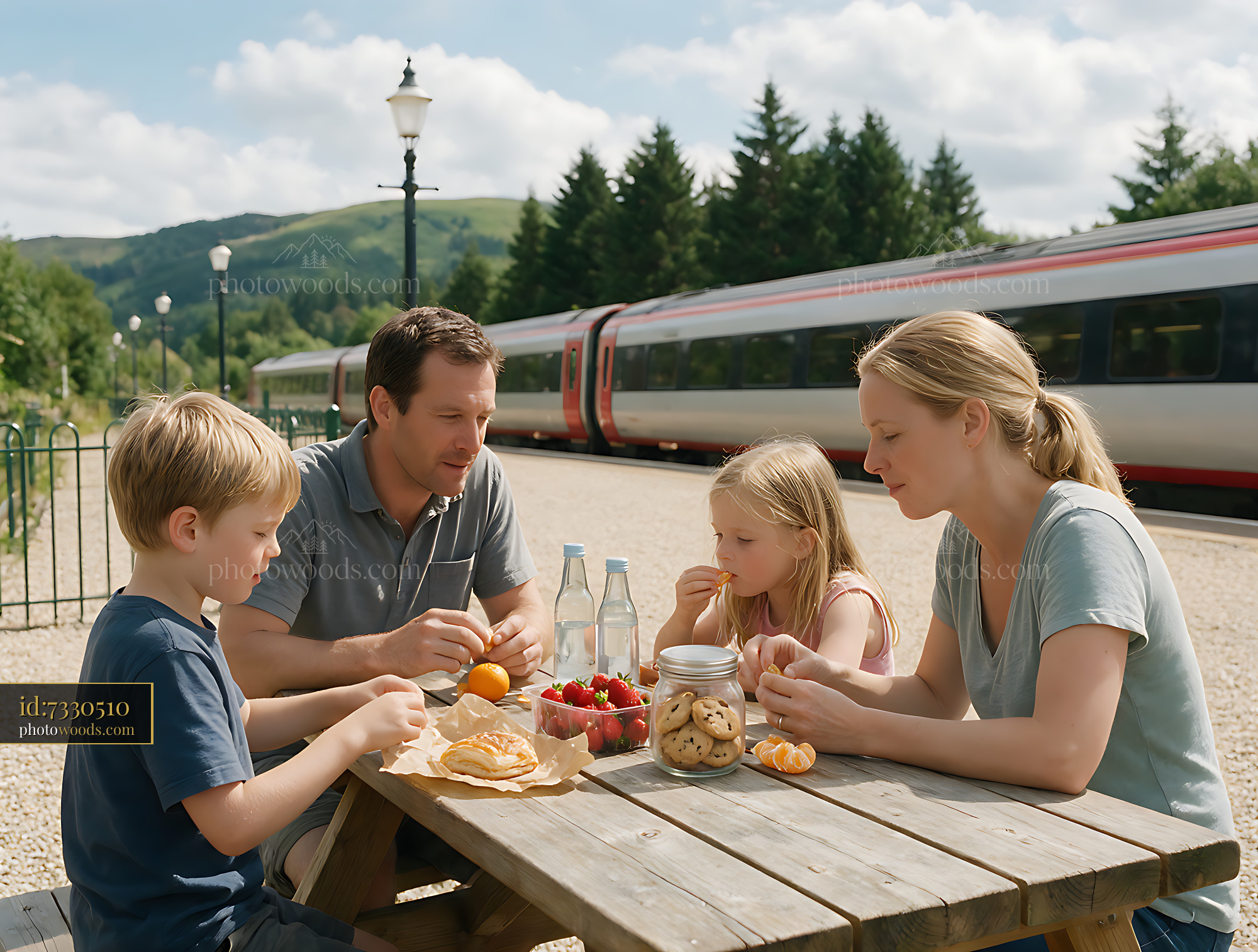 Family picnic beside a train at a scenic station