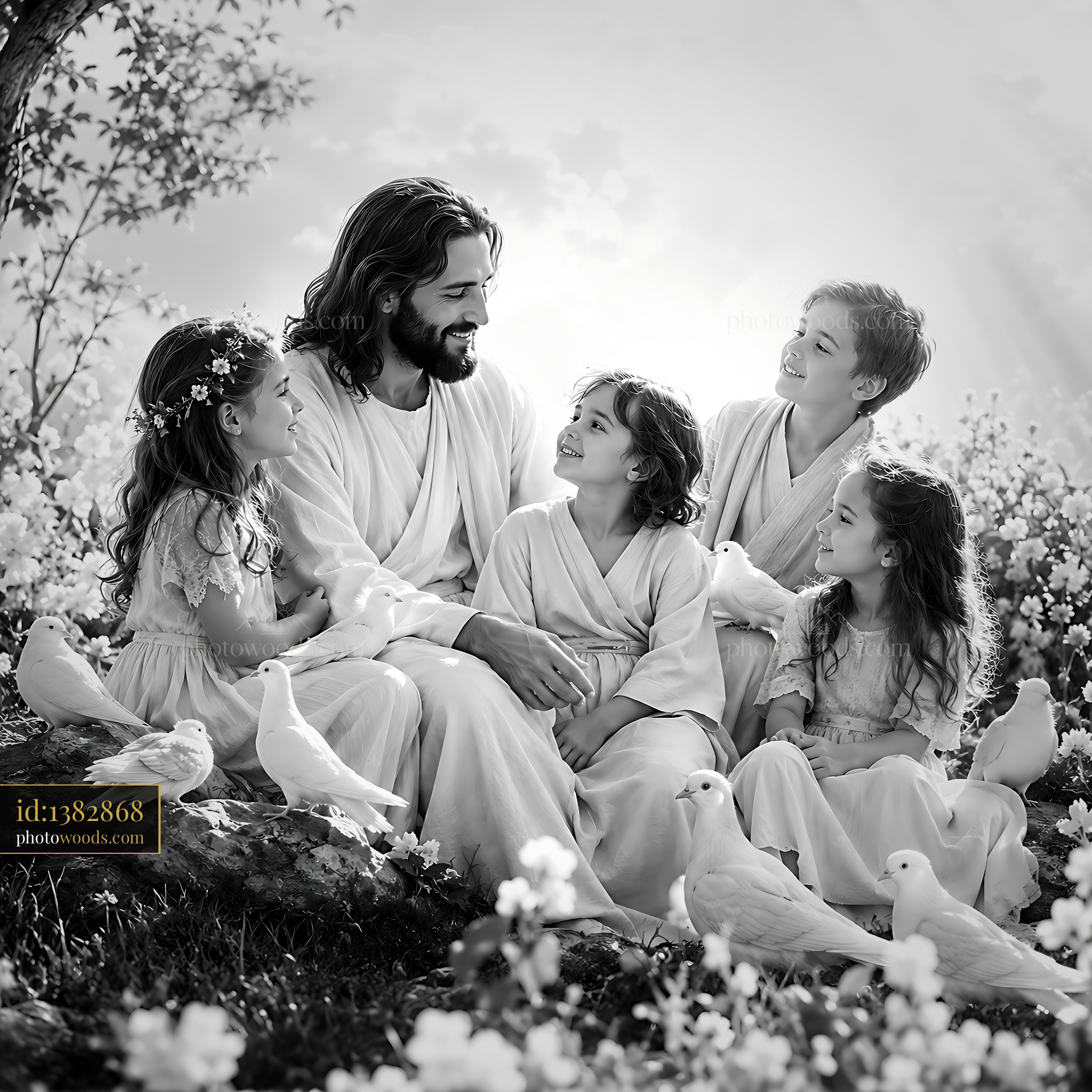Jesus Interacts With Children in Garden Surrounded by Doves