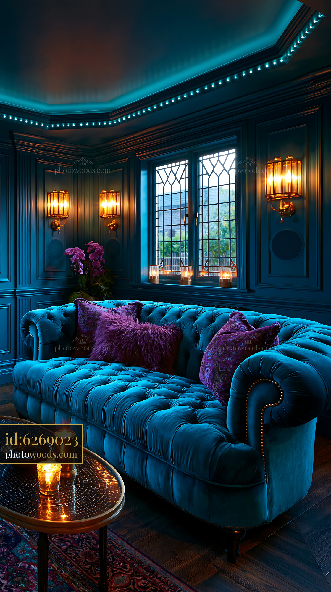 Art Deco Basement Movie Room With Blue Walls and Brass Sconces