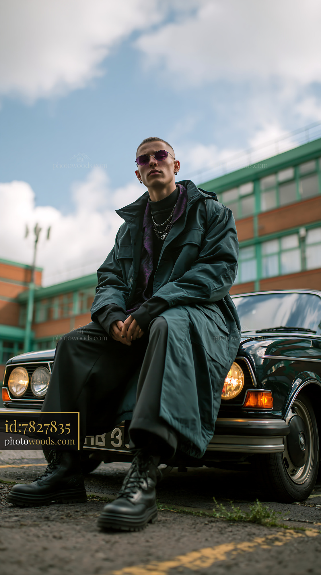 Tall Model in Technical Coat Sitting on Classic Car Outdoors