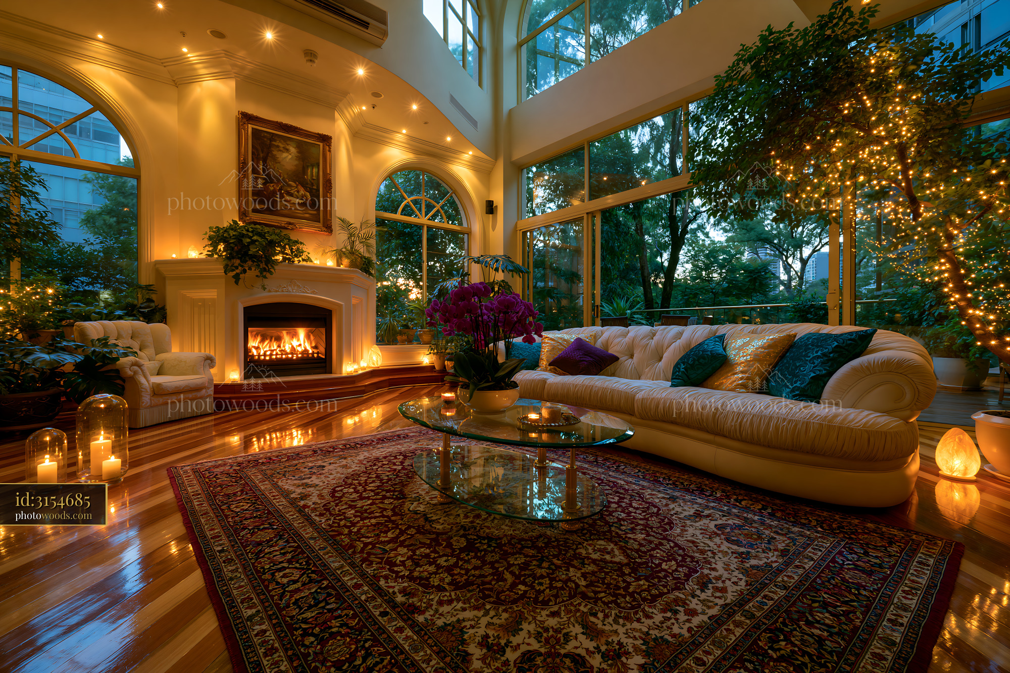 Grand Living Room With High Ceilings and Cozy Fireplace at Dusk