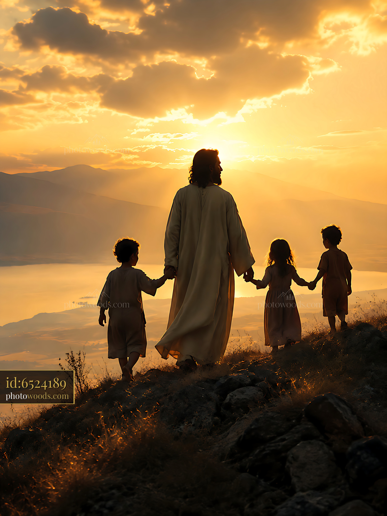 Christ Walks With Children at Sunset Holding Hands by the Lake