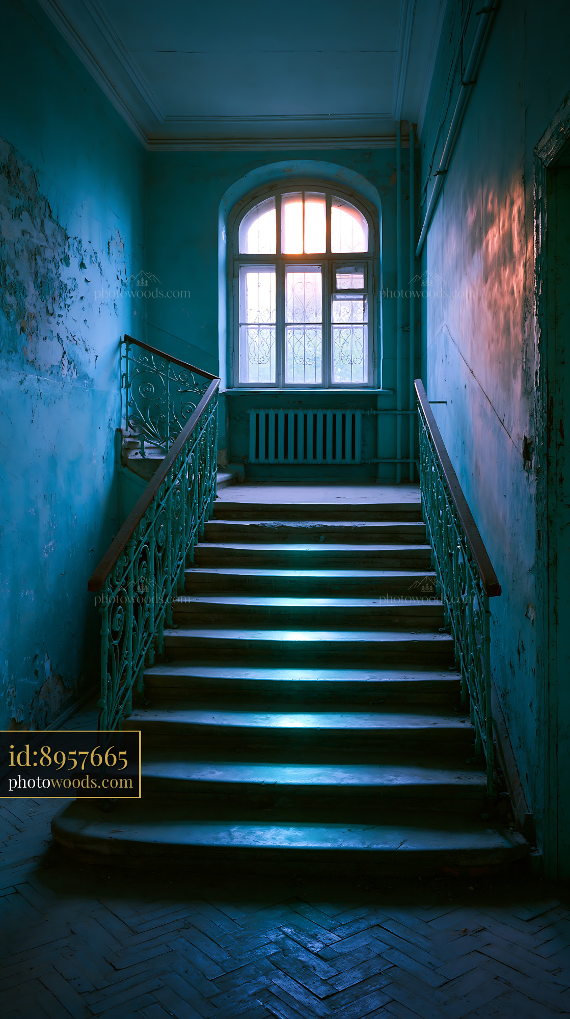 Decaying Stairwell in an Apartment Block With Blue Walls