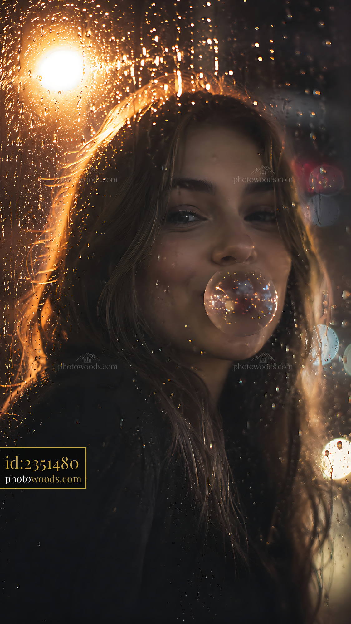 Woman Blowing Bubble Gum While Standing by Rainy Window at Night