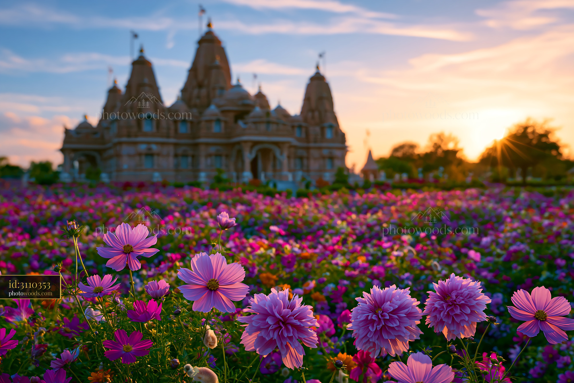 BAPS Swaminarayan Temple at Sunset With Blooming Flowers