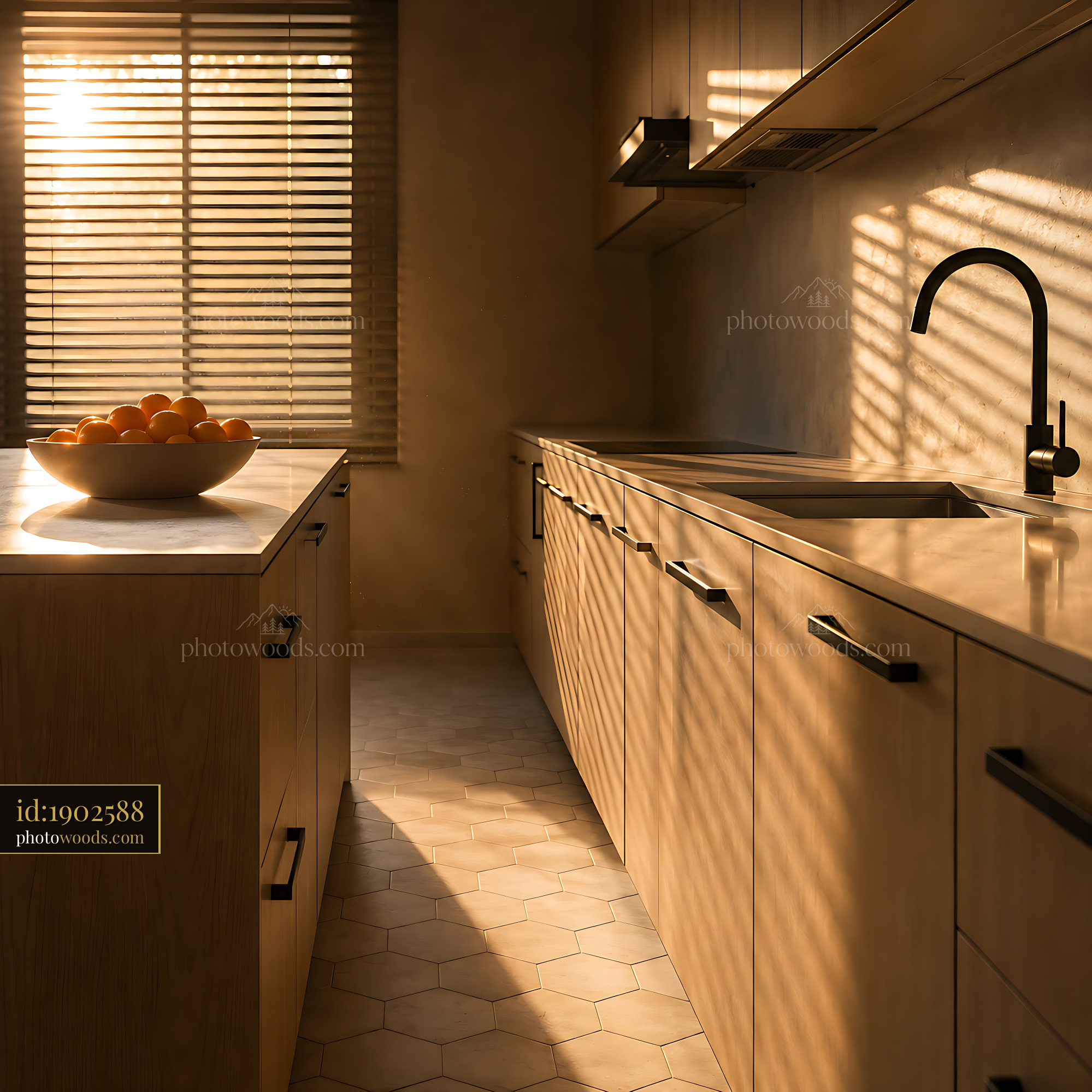 Kitchen With Warm Light and Fruit Bowl in Late Afternoon Sun