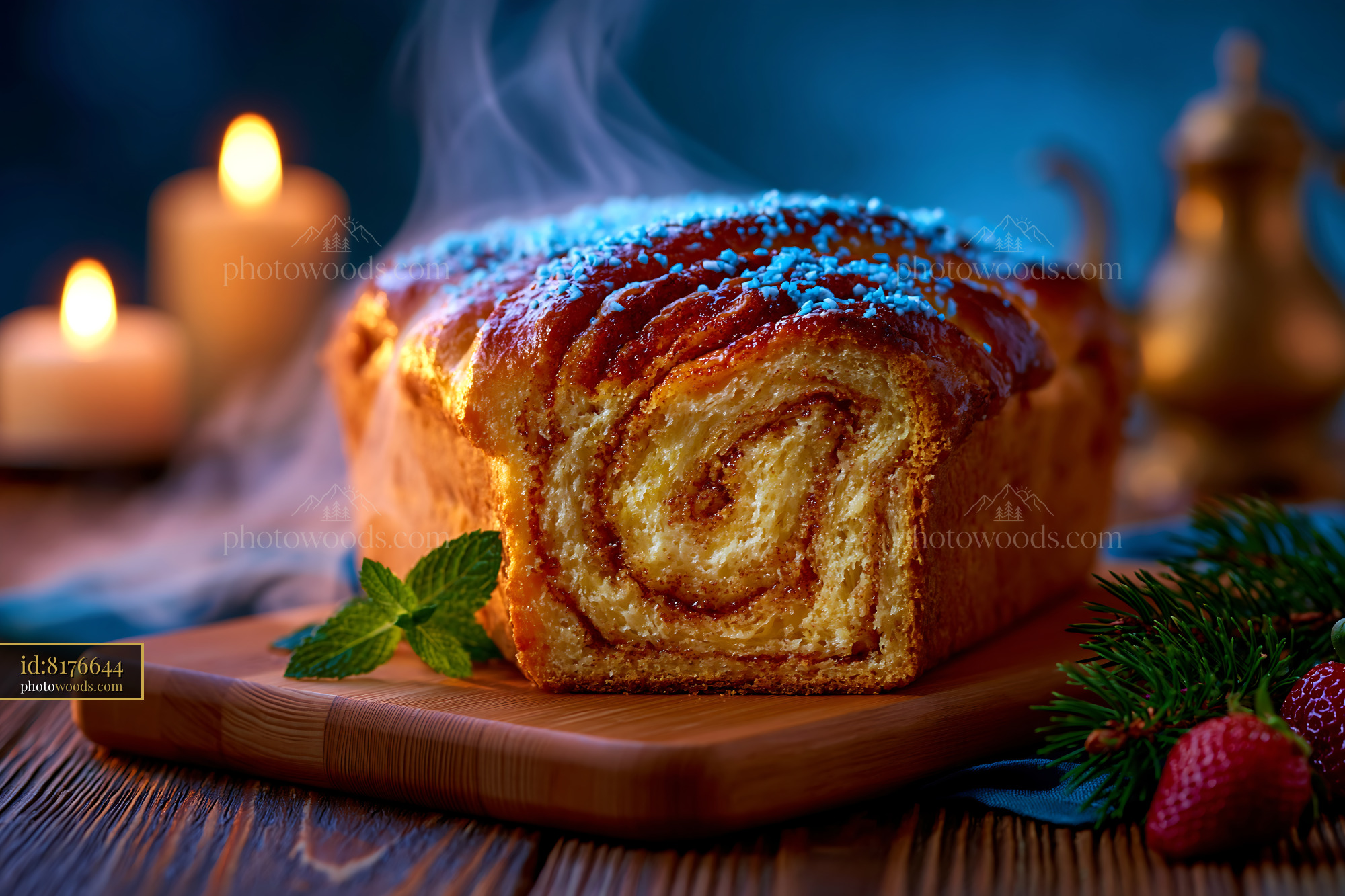 Cinnamon Babka Loaf With Swirled Layers and Mint Leaves
