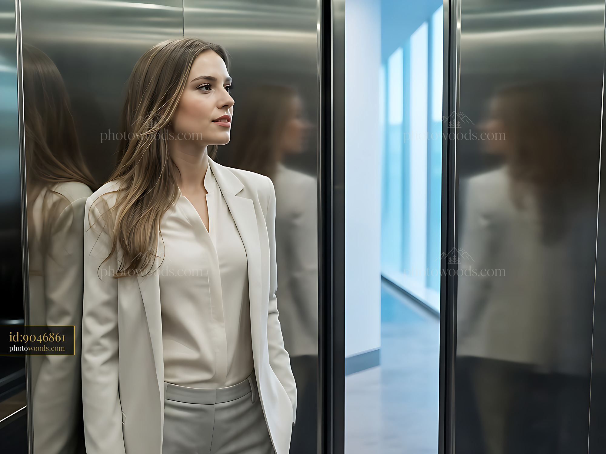 Woman in Suit Standing in Elevator Looking out of Window