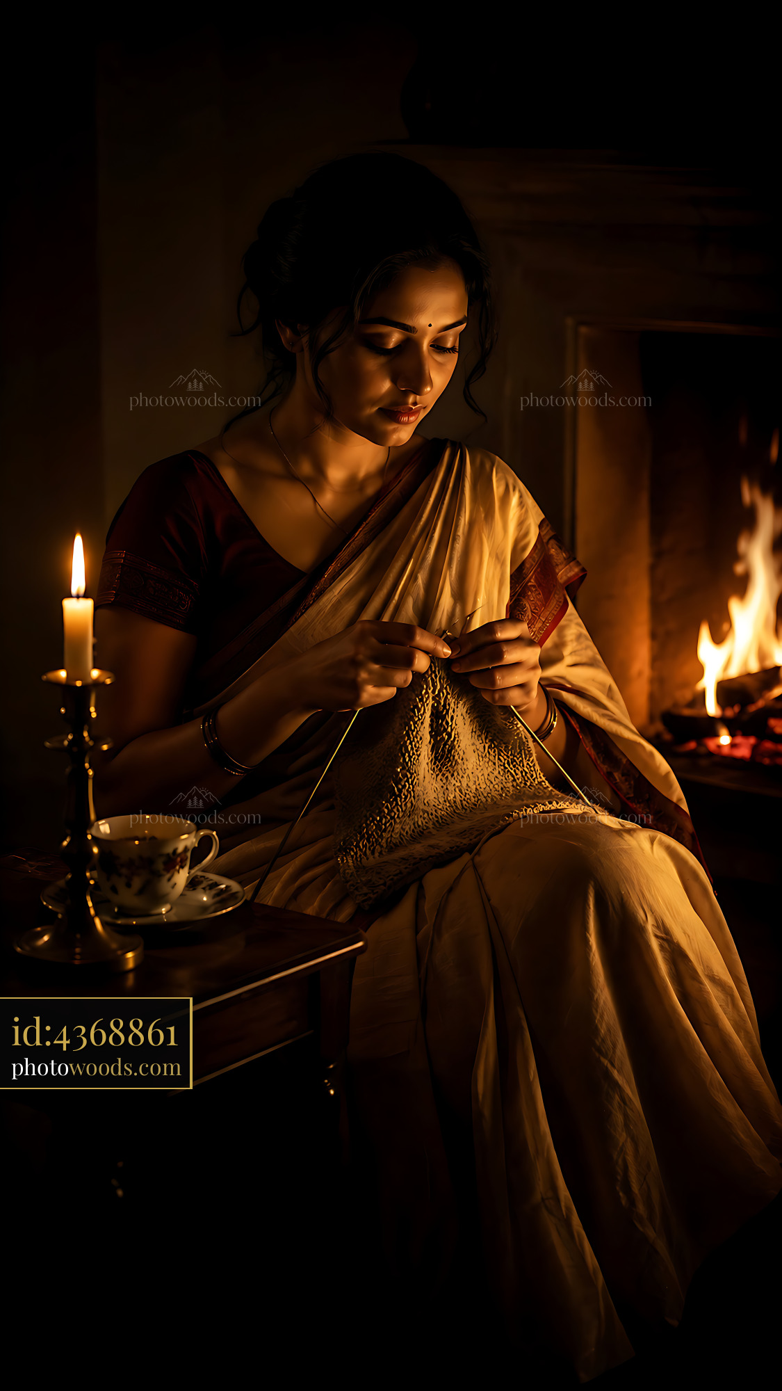 Woman Knitting by Candlelight Near a Fireplace in a Cozy Room