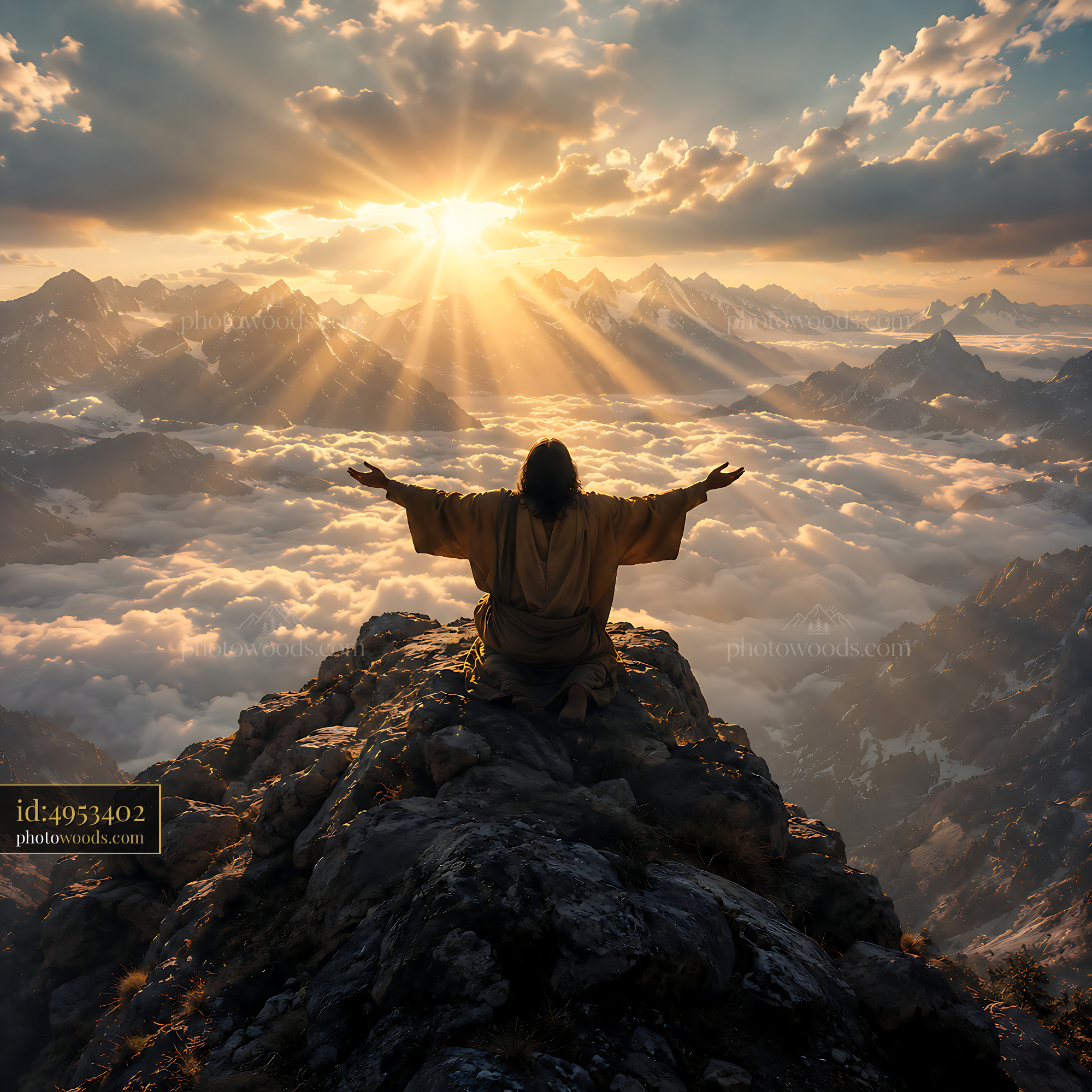 Person Sitting on Mountain Top With Arms Raised Toward the Sky