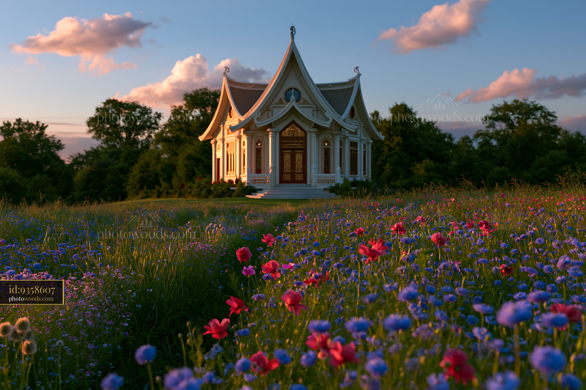 Wat L, Colorful Field of Flowers at Sunset in a Peaceful Setting