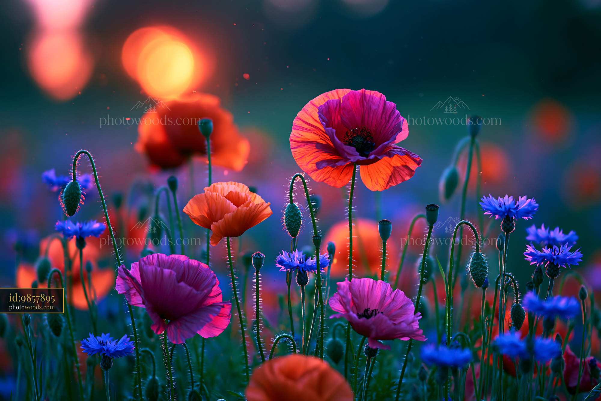 Poppies and Cornflowers Bloom Under Evening Light in a Field