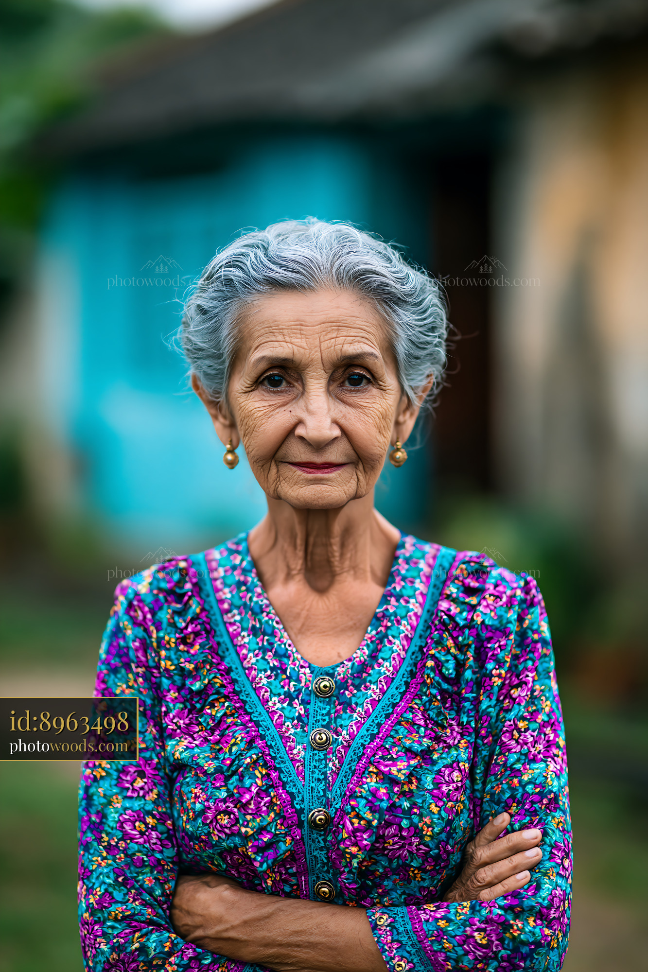 Elderly Woman Poses Confidently in Colorful Attire Outdoors