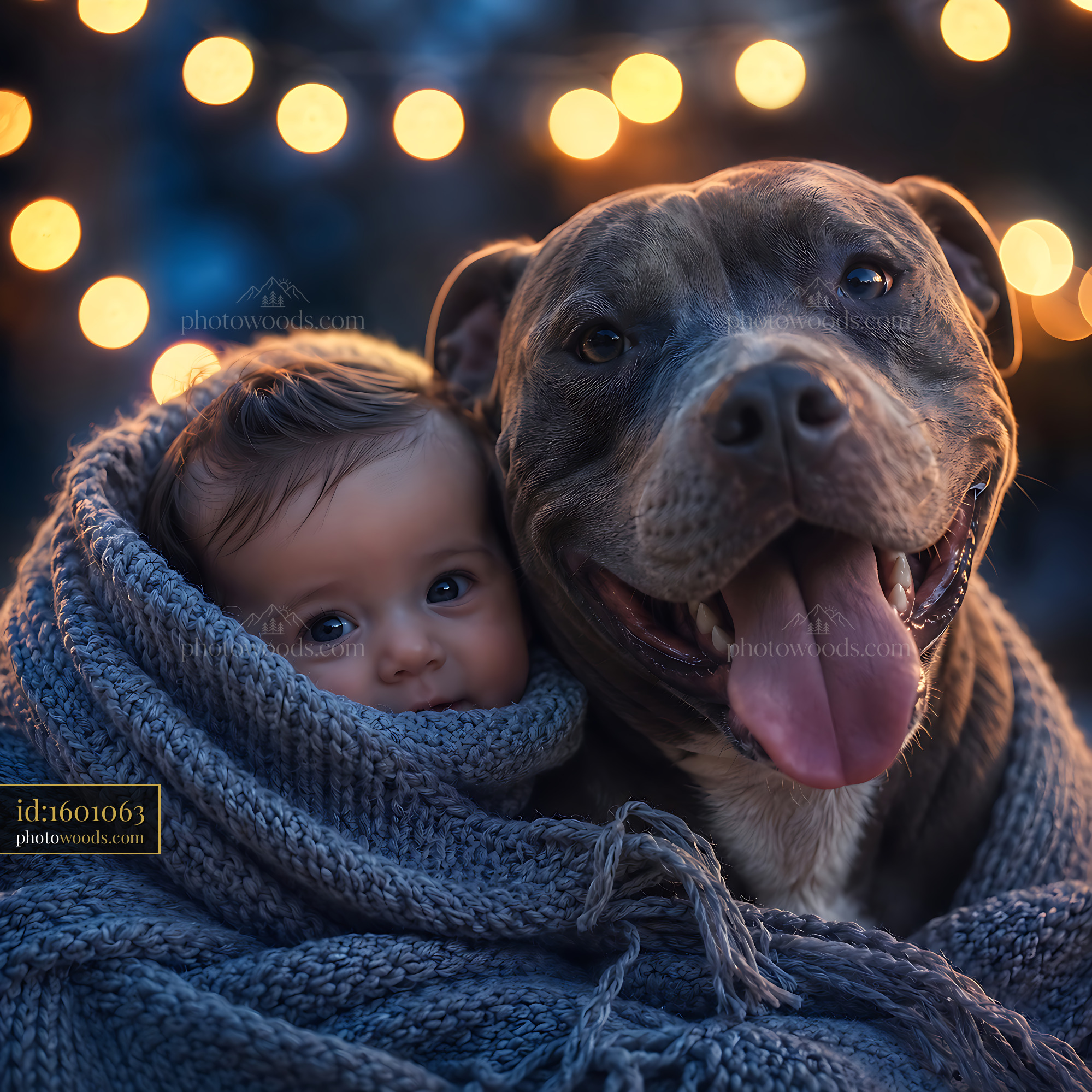 Baby and Dog Share a Warm Moment in Cozy Blanket by Lights