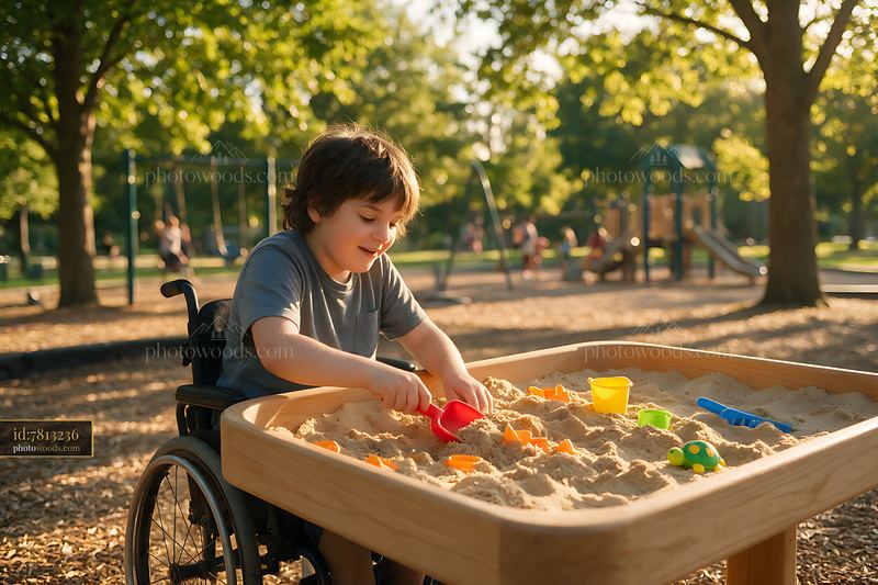 Child in wheelchair playing at an accessible playground sandbox