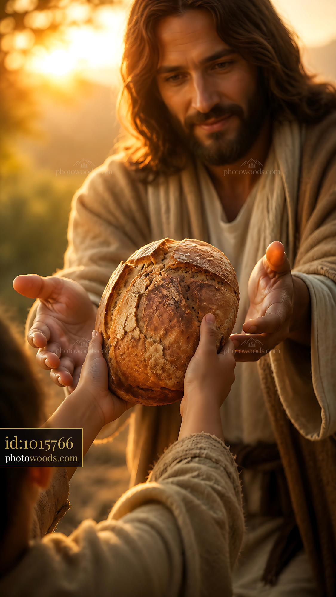 Man Shares Bread With Child During Sunset in a Rural Setting