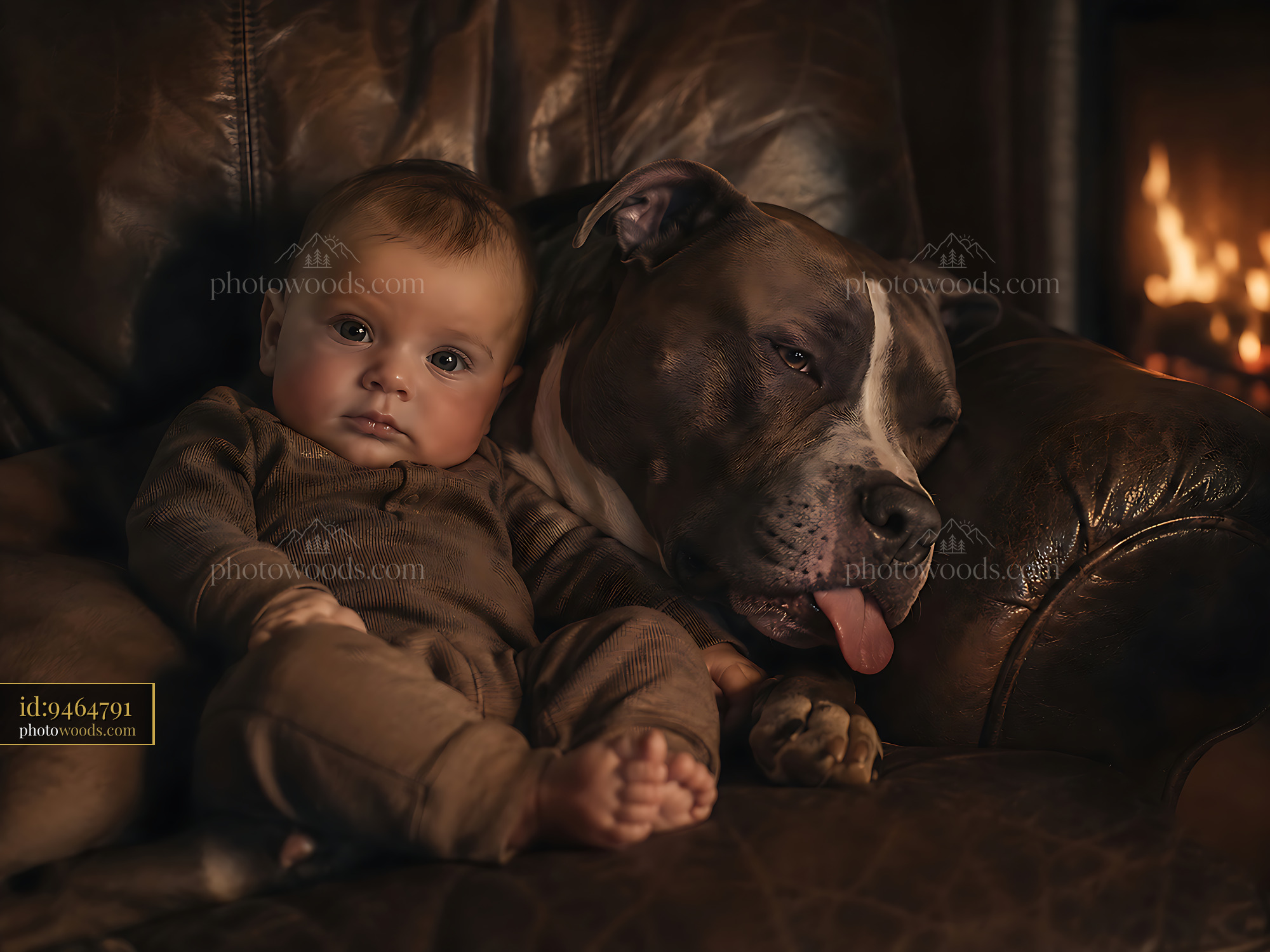 Baby and Dog Sit Together on a Leather Couch by a Fire