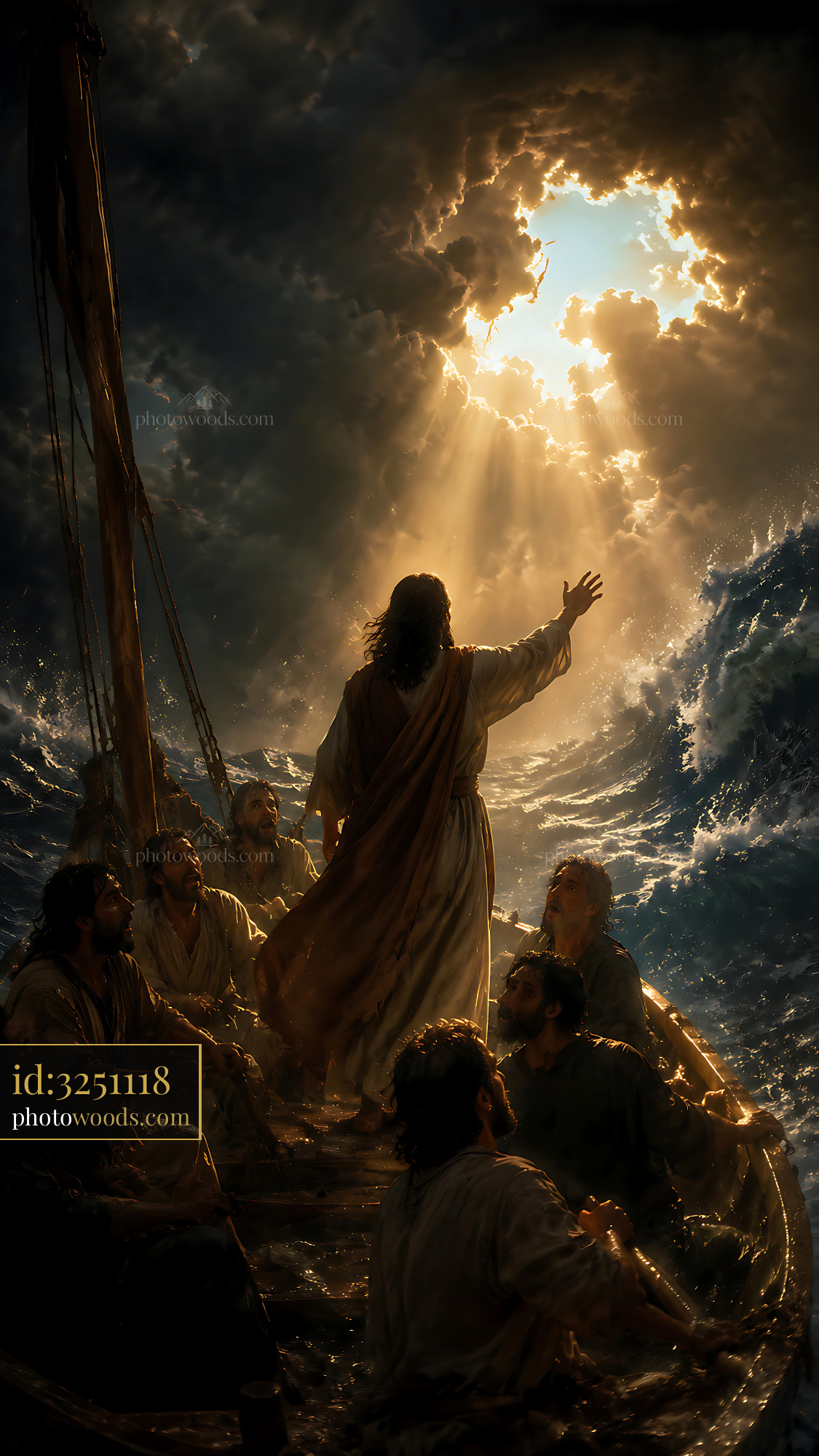 Jesus Calming Storm While Disciples Look on in Boat