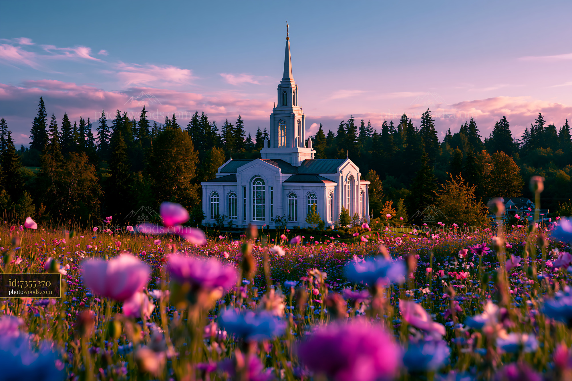 Church Surrounded by Flowers at Sunset in a Forested Area