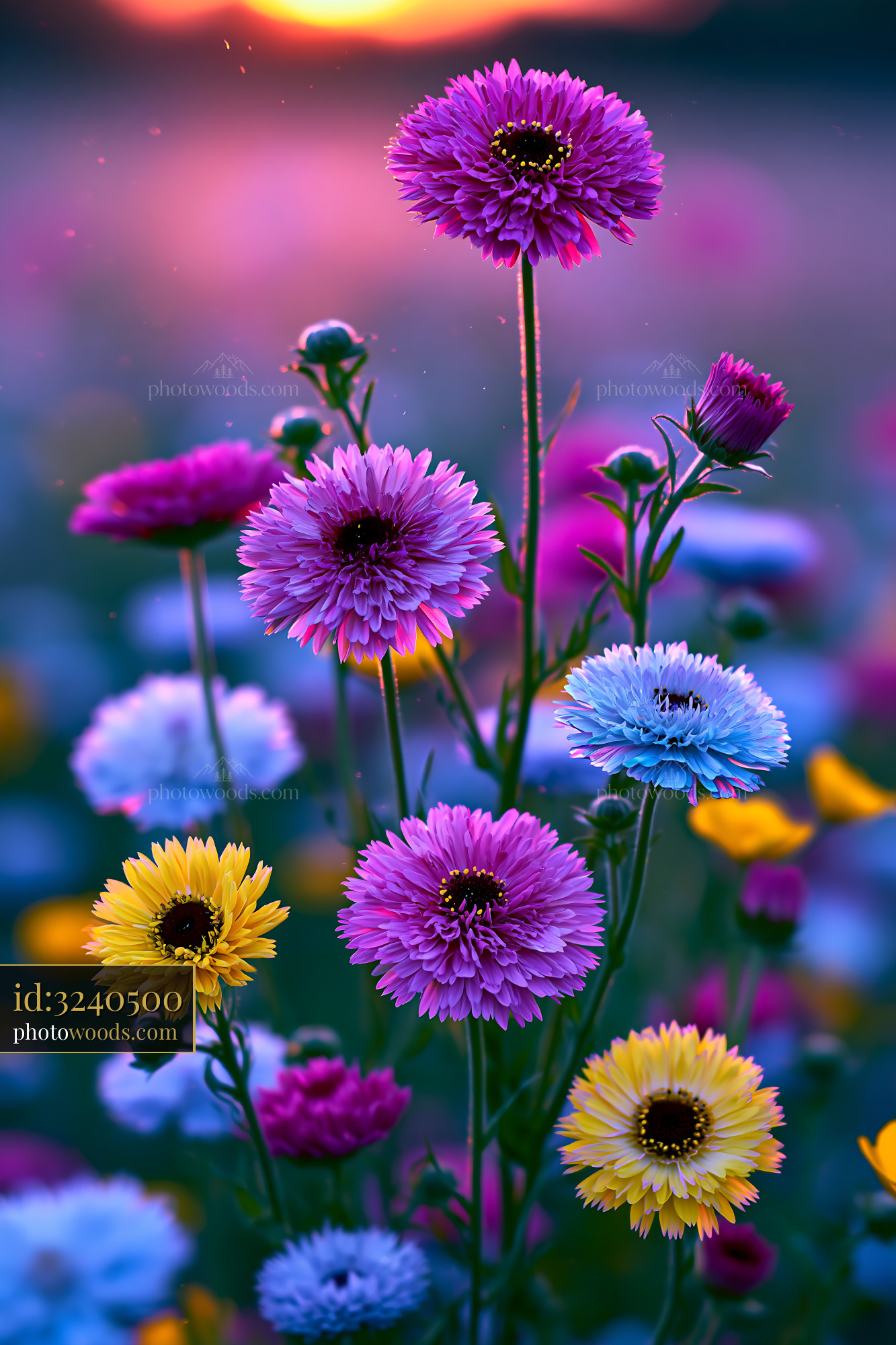 Colorful Flowers Bloom in a Field During Sunset
