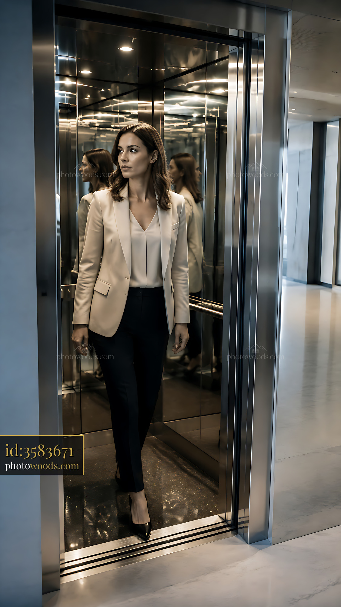 Woman Stands in Elevator Looking Thoughtful in Modern Building