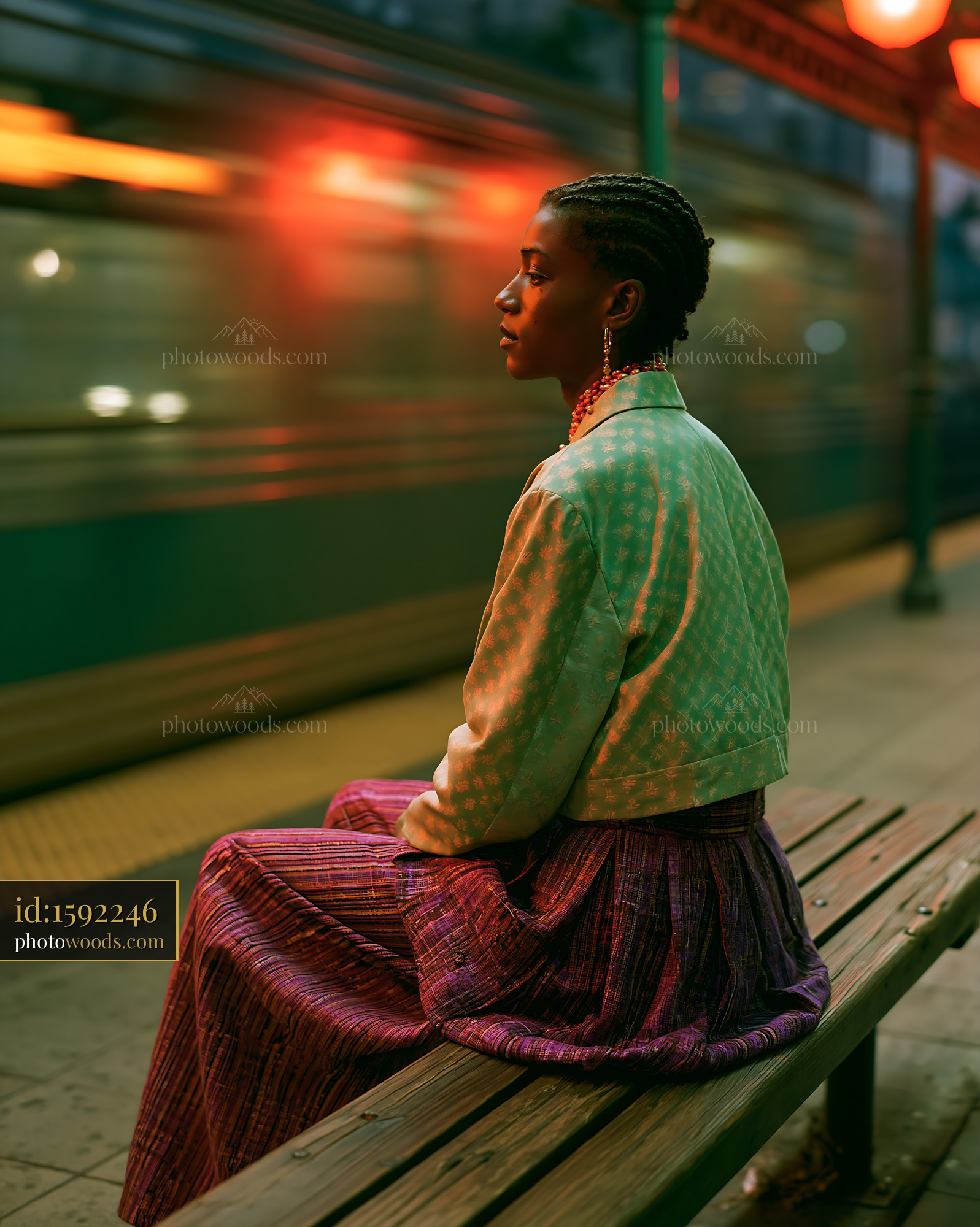 Androgynous Model Seated at Train Station During Evening Hours