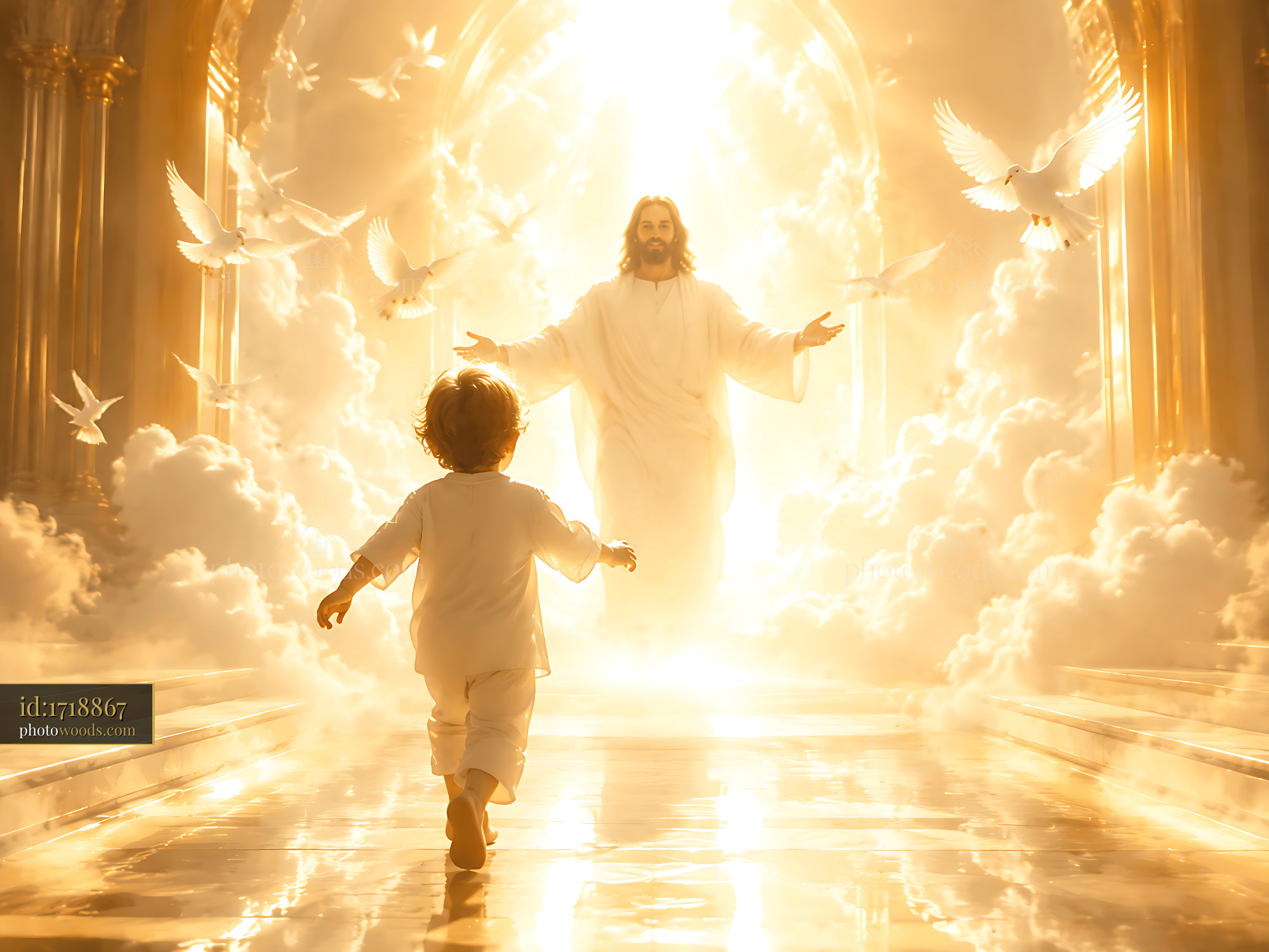Child Running Towards Figure in Bright Light With Doves Flying
