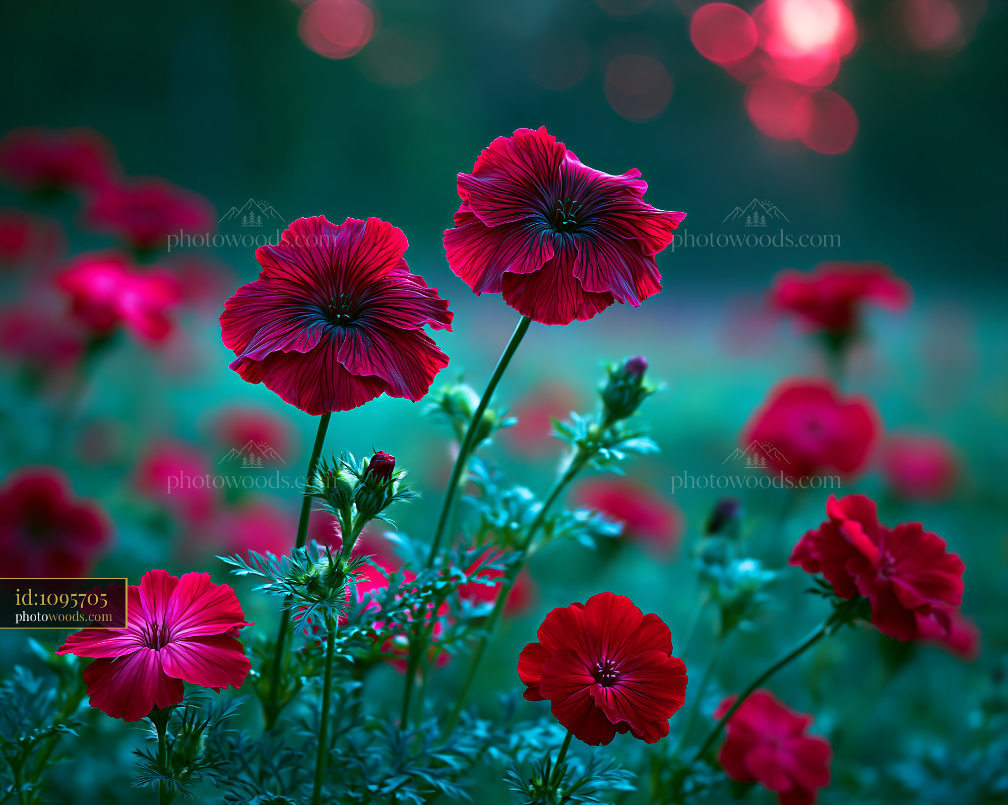 Red Flowers Bloom in Garden During Twilight Hour