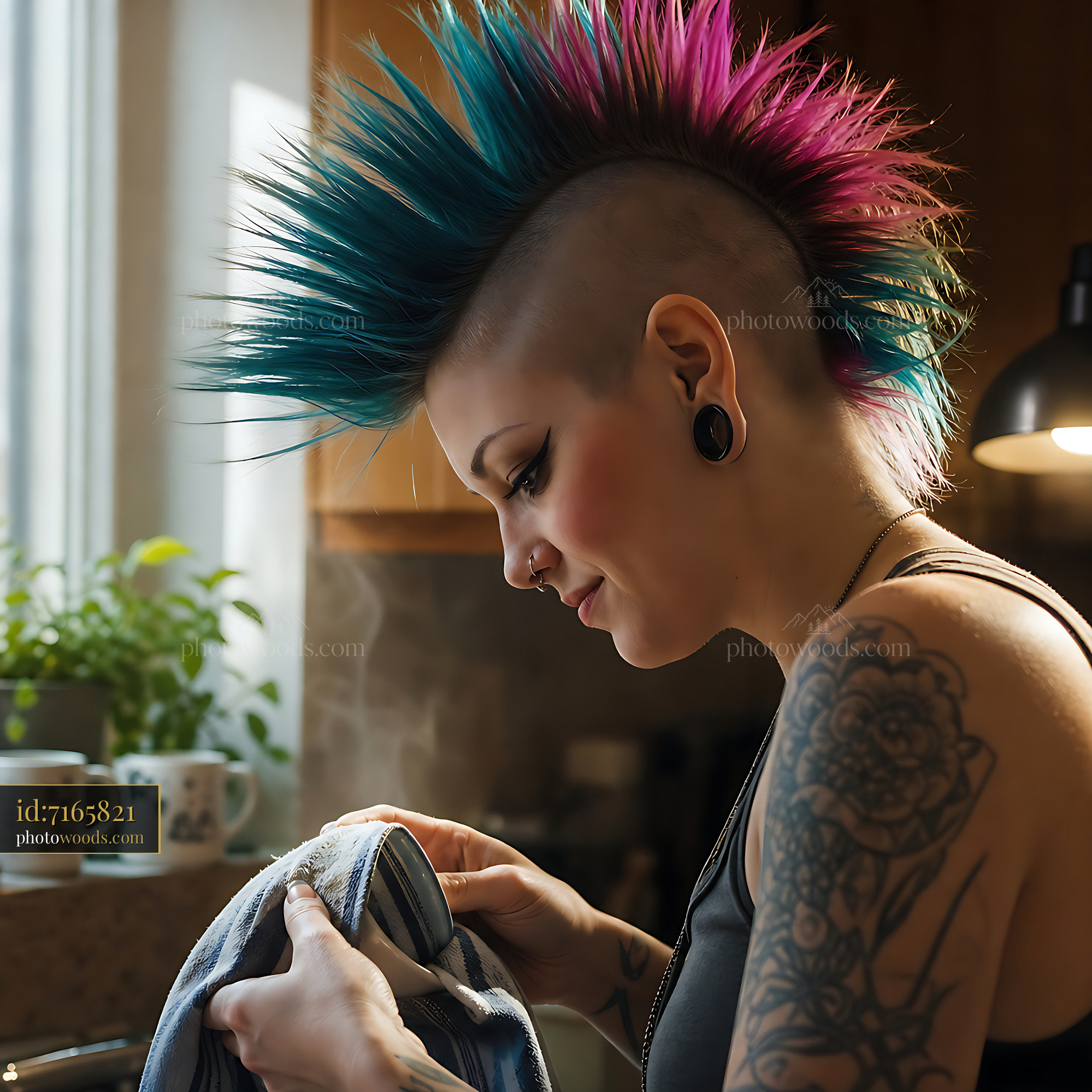 Person With Mohawk Hairstyle Cleaning Dishes in Kitchen Light