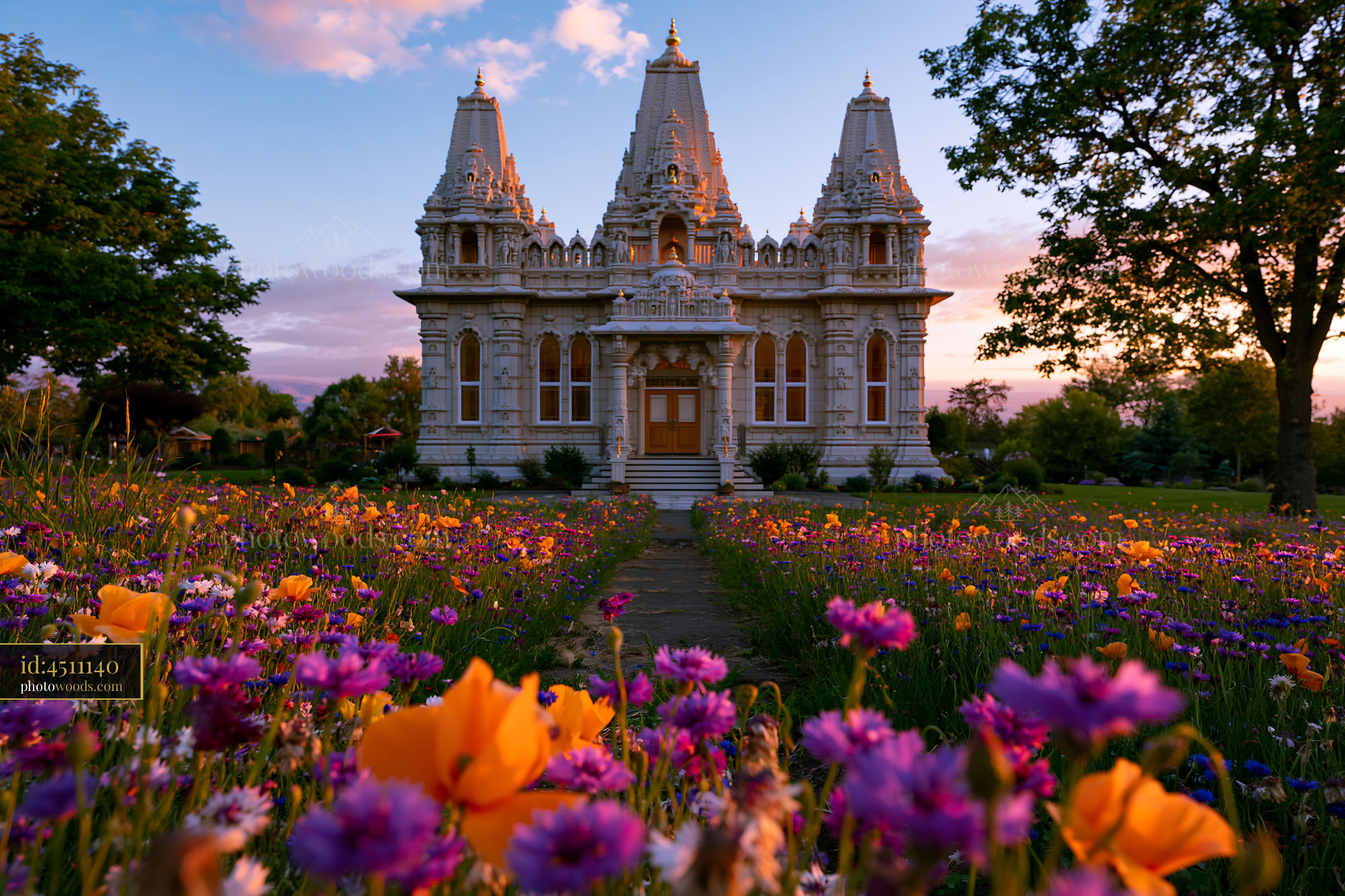 Hindu Temple With Blooming Flowers During Sunset in Boise Idaho