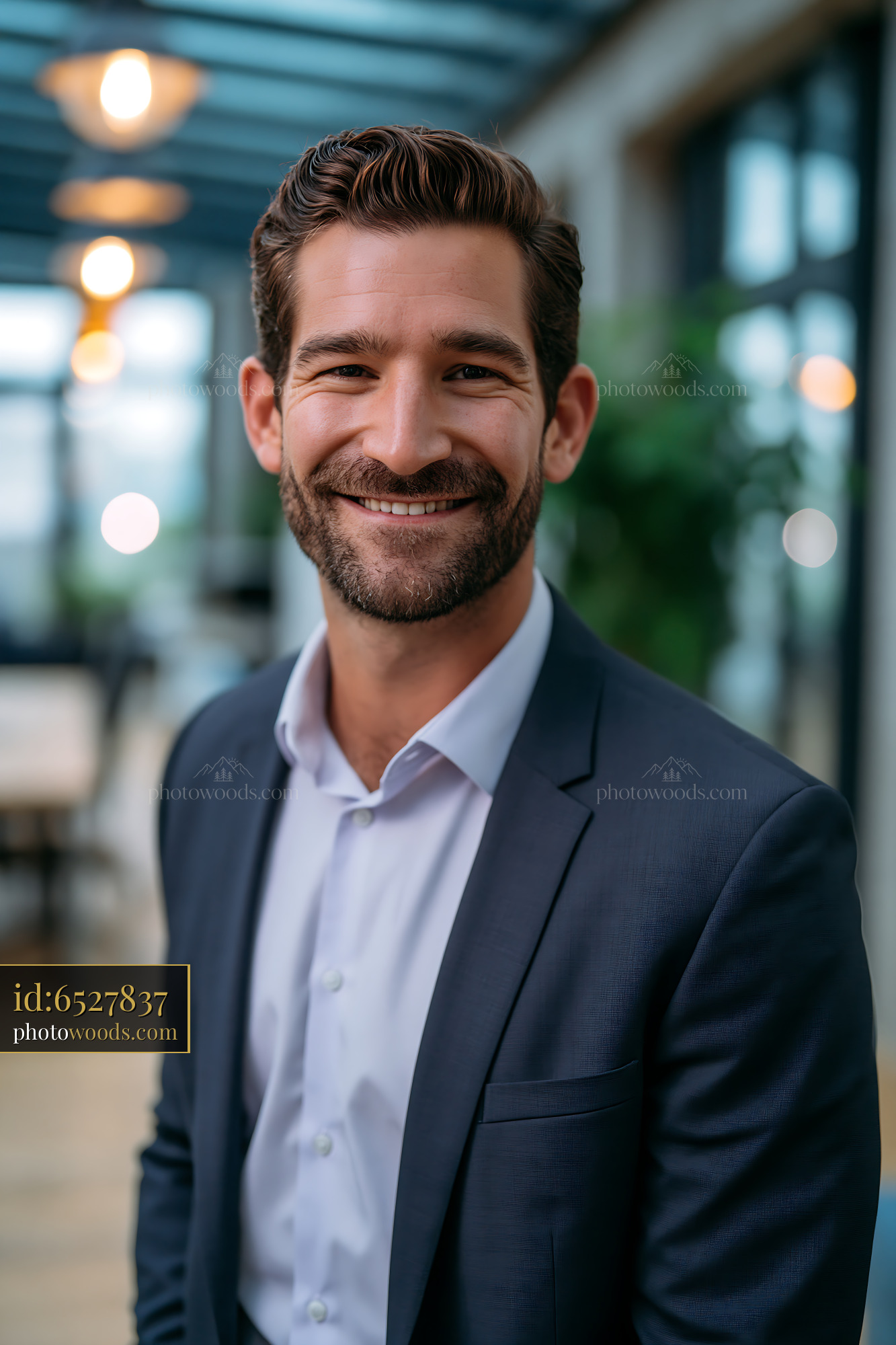 Man With Beard Smiling in Business Suit in Modern Office Setting