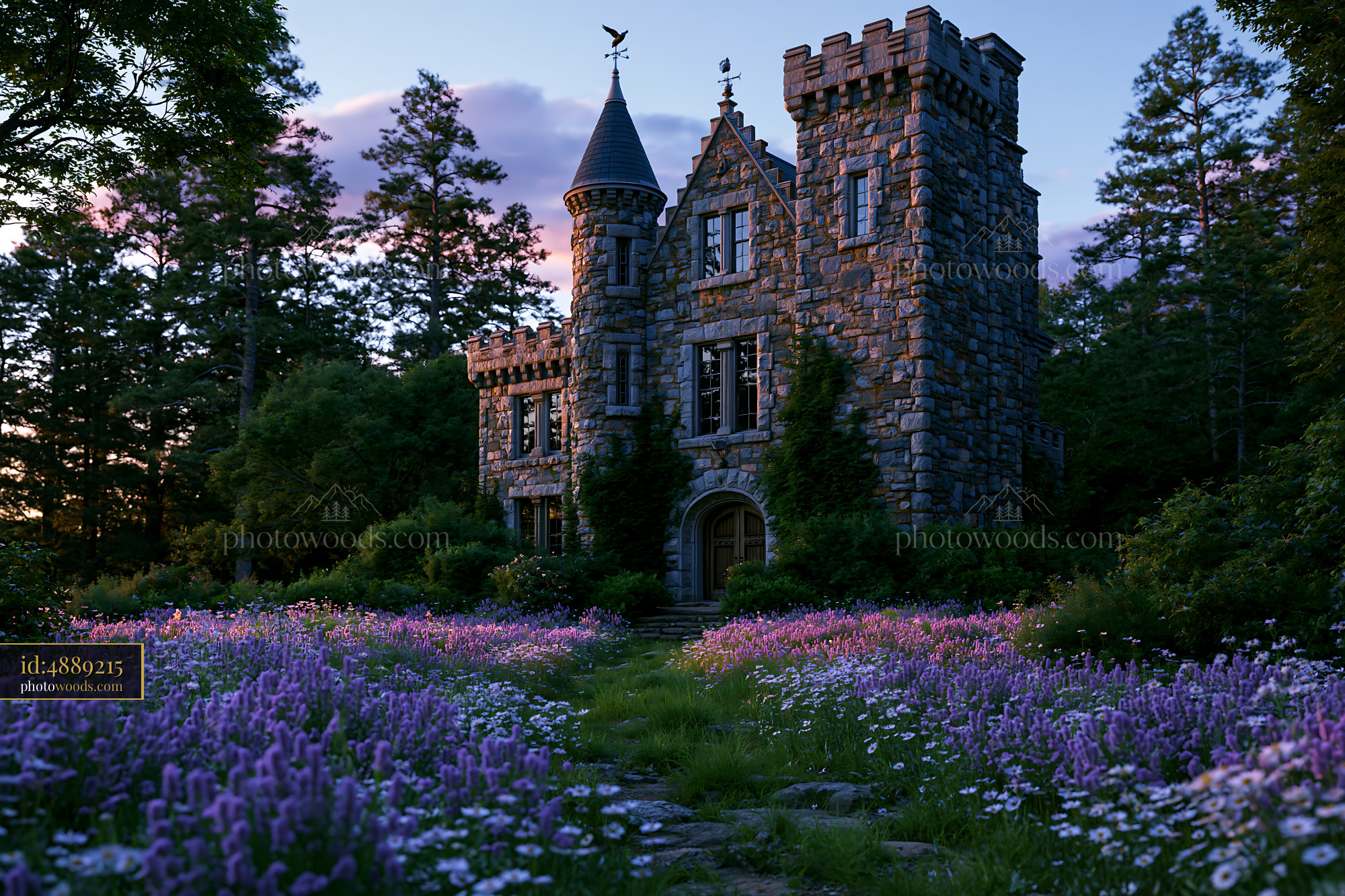 Stone Castle Surrounded by Flowers at Twilight in a Forest