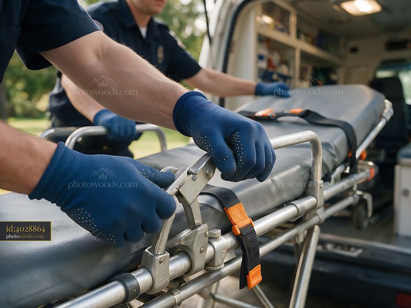 Ambulance crew loading a stretcher into an emergency vehicle