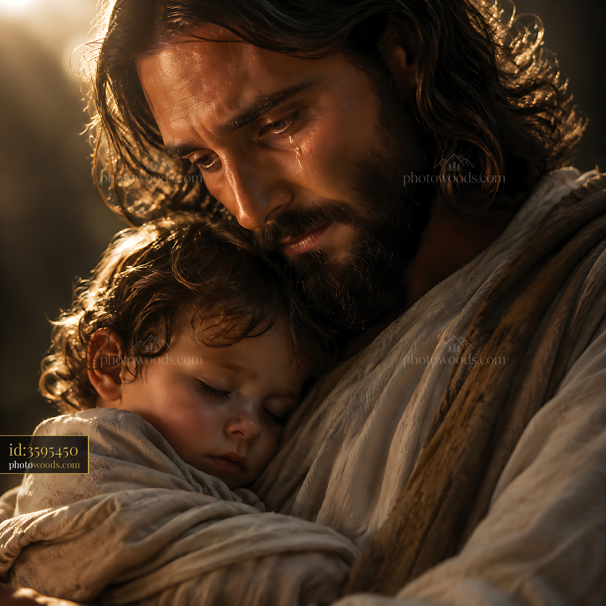 Man Holding Child With Emotional Expression in Soft Light