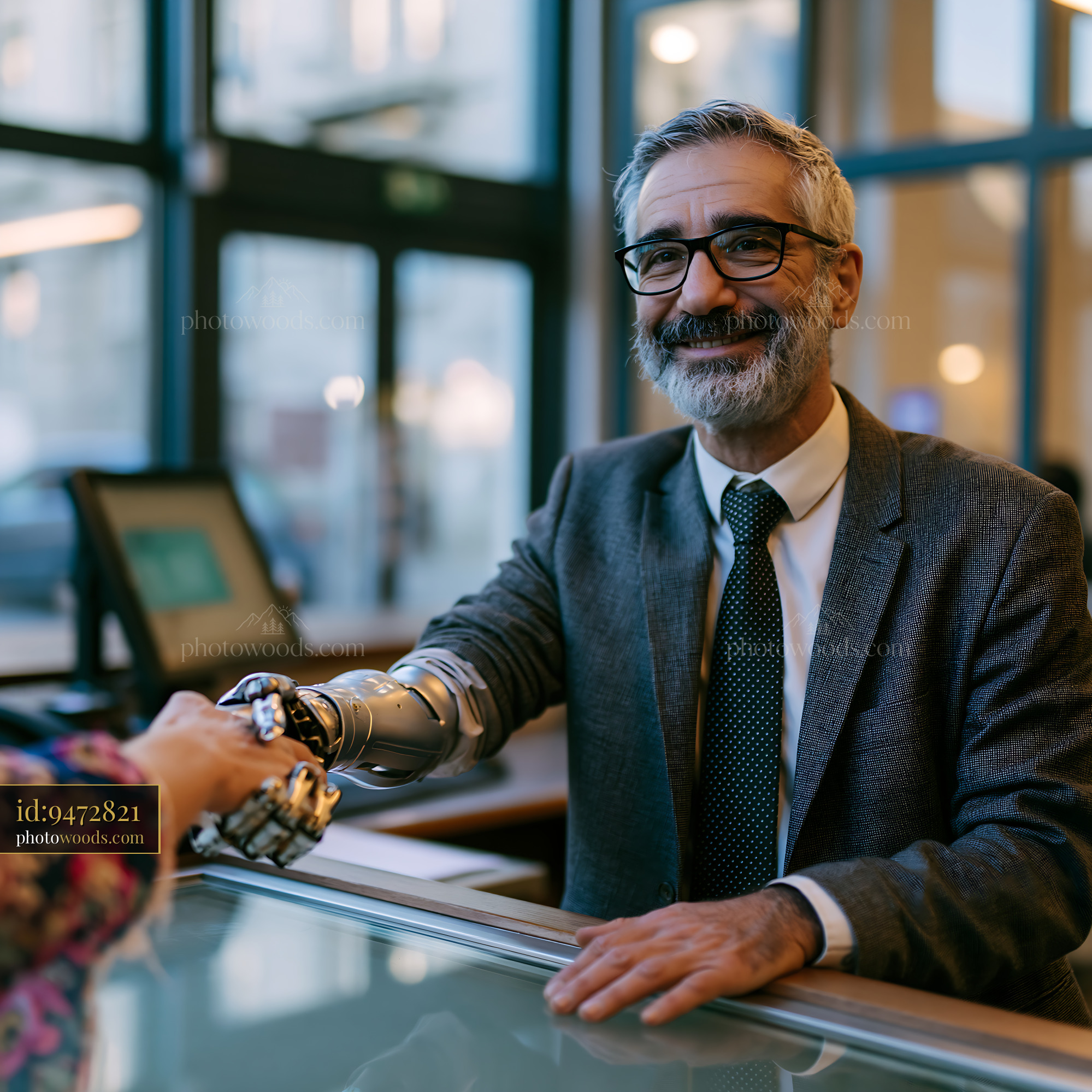 Businessman With Prosthetic Arm Greeting Client at Office